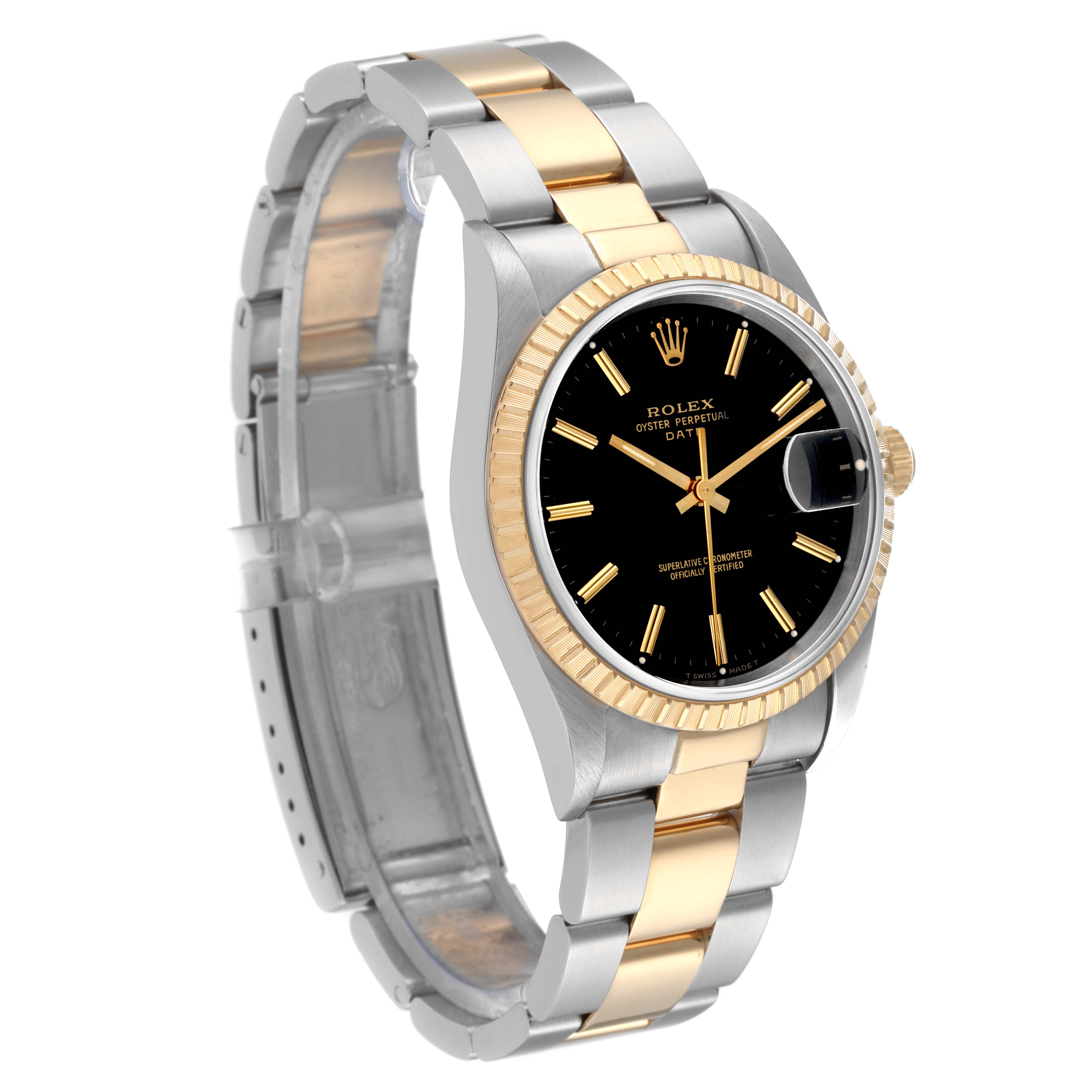 The image shows a Rolex Date 15223 Men's Steel and Gold (two tone) Black Dial 15223 Men's Steel and Gold (two tone) Black Dial watch at a slight angle, highlighting the dial, bezel, and two-tone bracelet.