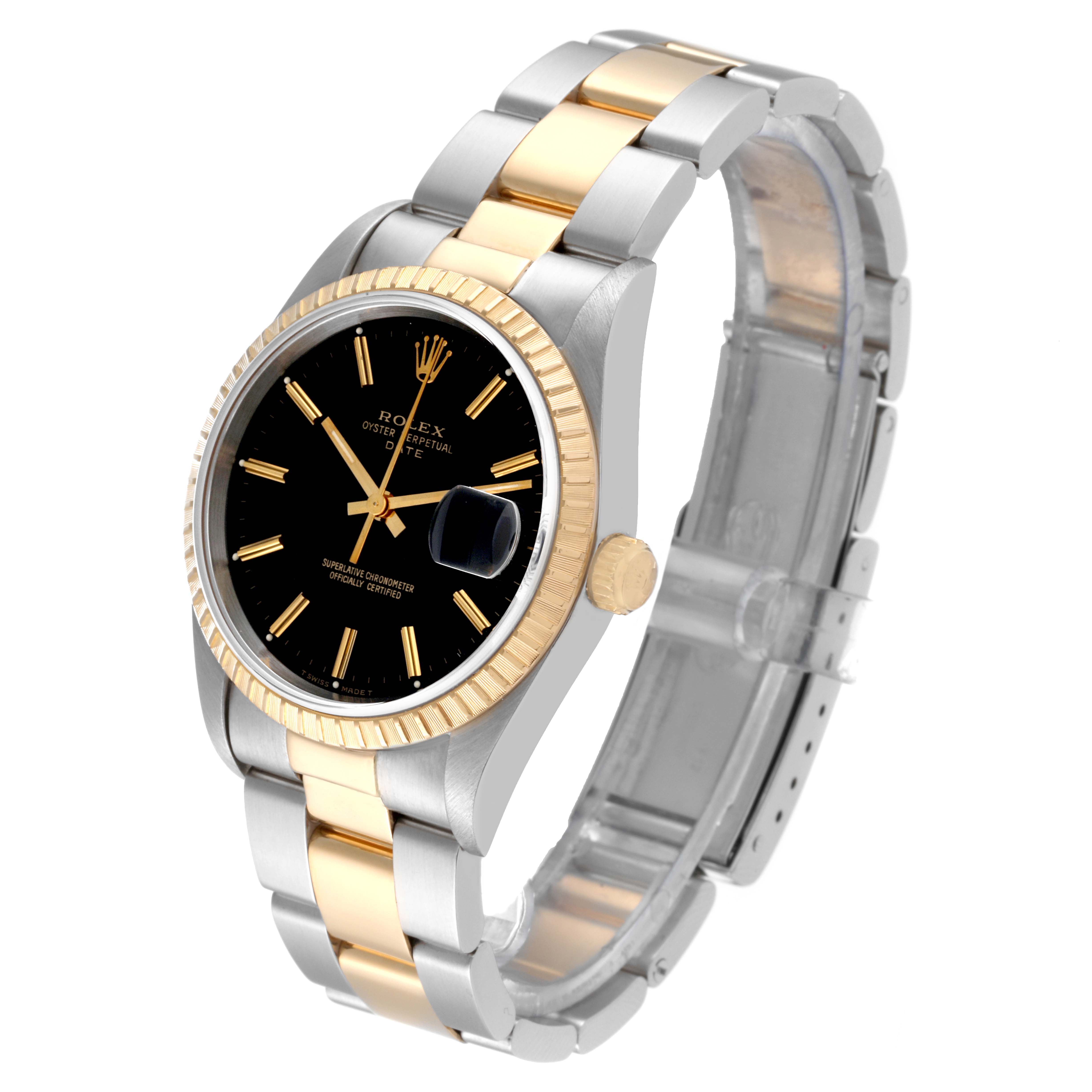 The image shows a Rolex Date 15223 Men's Steel and Gold (two tone) Black Dial 15223 Men's Steel and Gold (two tone) Black Dial model watch from an angled side view, highlighting the dial, bezel, bracelet, and crown.