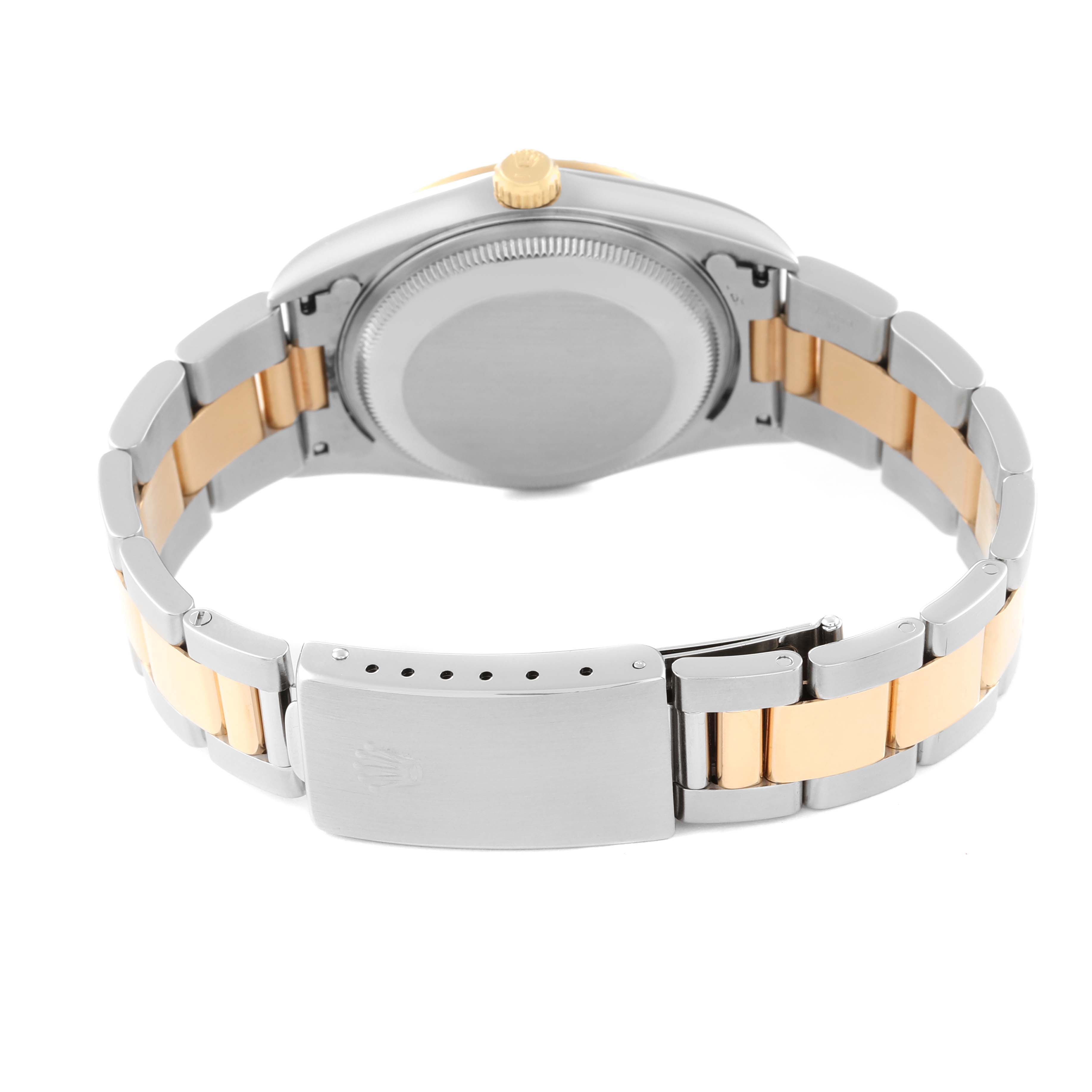 The image shows the back view of a Rolex Date 15223 Men's Steel and Gold (two tone) Black Dial 15223 Men's Steel and Gold (two tone) Black Dial model watch, highlighting the case back and the two-tone bracelet.