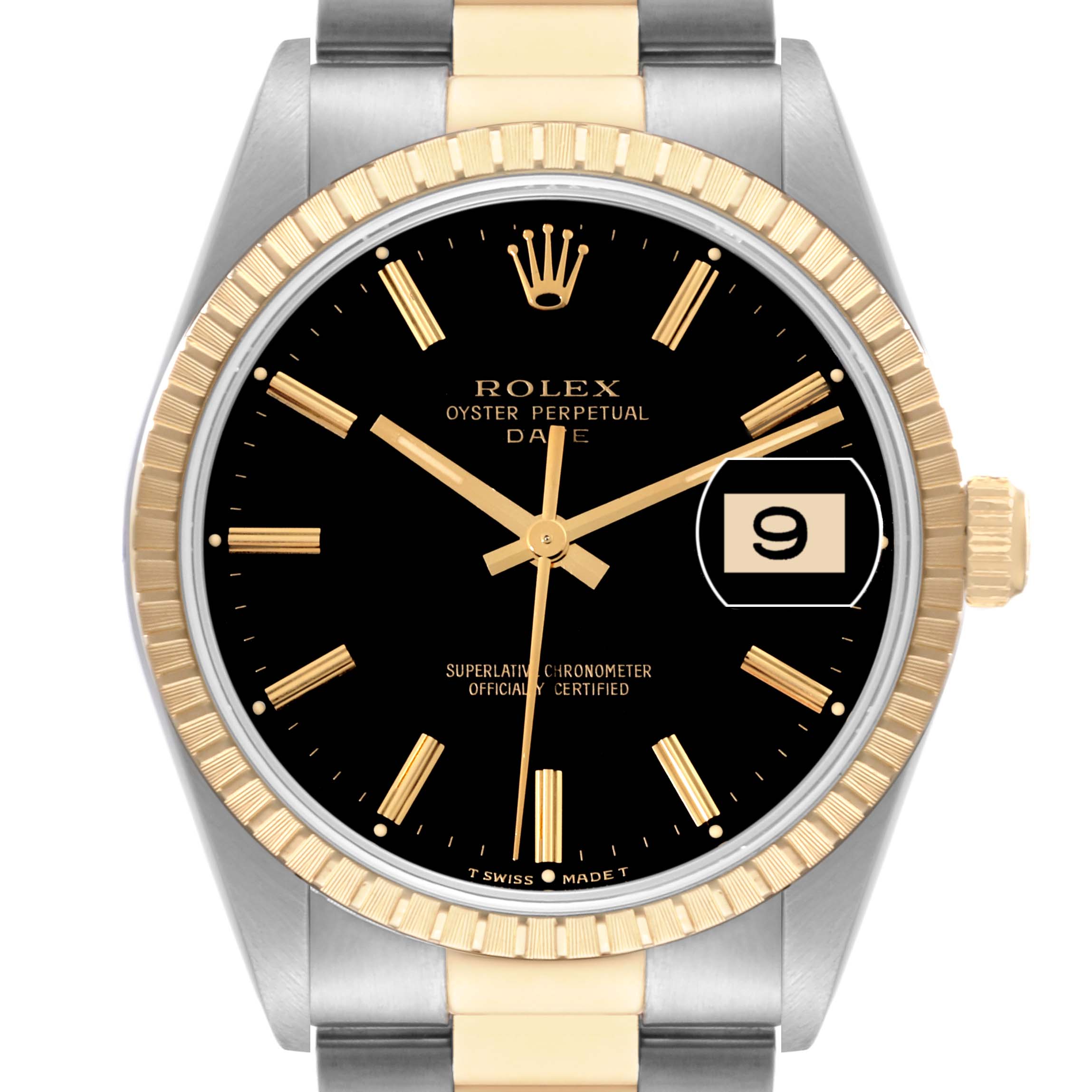 This is a front view of a Rolex Oyster Perpetual Date watch, showing the dial, hands, bezel, and part of the bracelet.