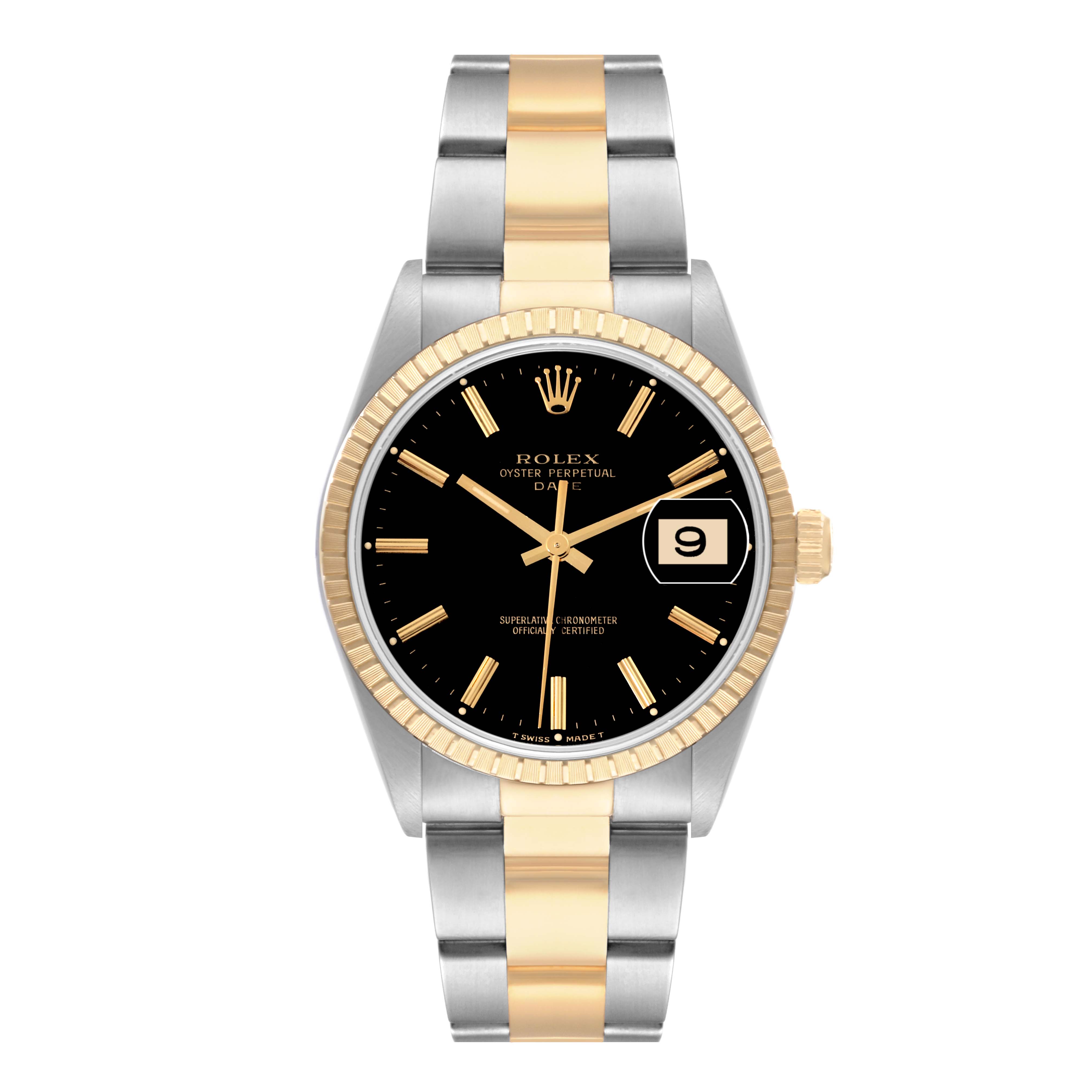 This image shows a frontal view of a Rolex Date 15223 Men's Steel and Gold (two tone) Black Dial 15223 Men's Steel and Gold (two tone) Black Dial model watch with a black dial, gold and silver bracelet, and date display at 3 o'clock.
