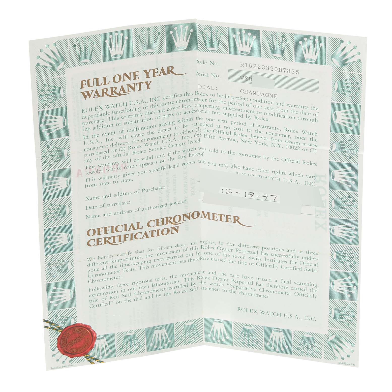 This is a front view of a Rolex warranty and certification document for the Date model.