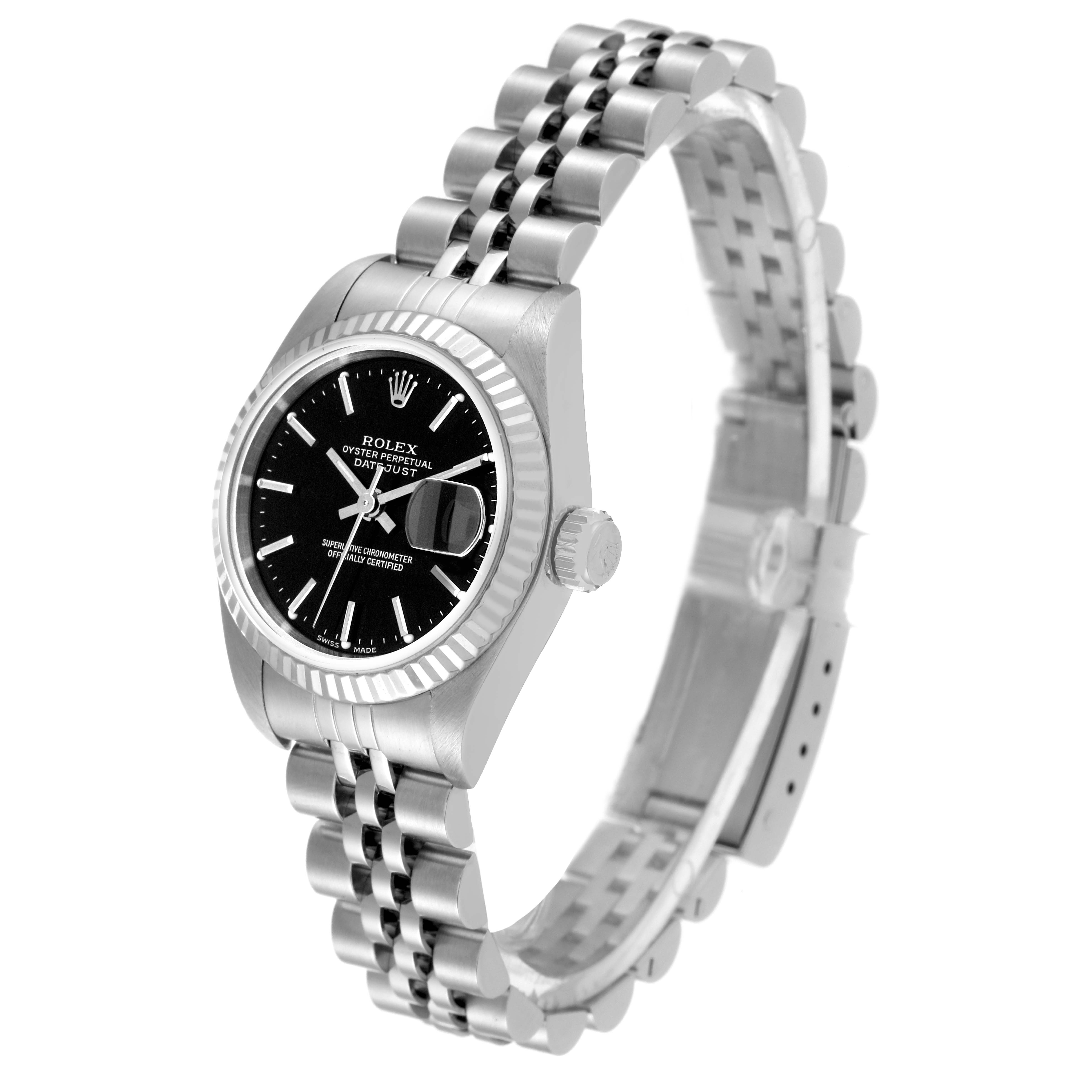 The image shows a Rolex Datejust 79174 Women's Stainless Steel Black Dial 79174 Women's Stainless Steel Black Dial watch angled slightly to the left, displaying the face, bezel, crown, and bracelet.