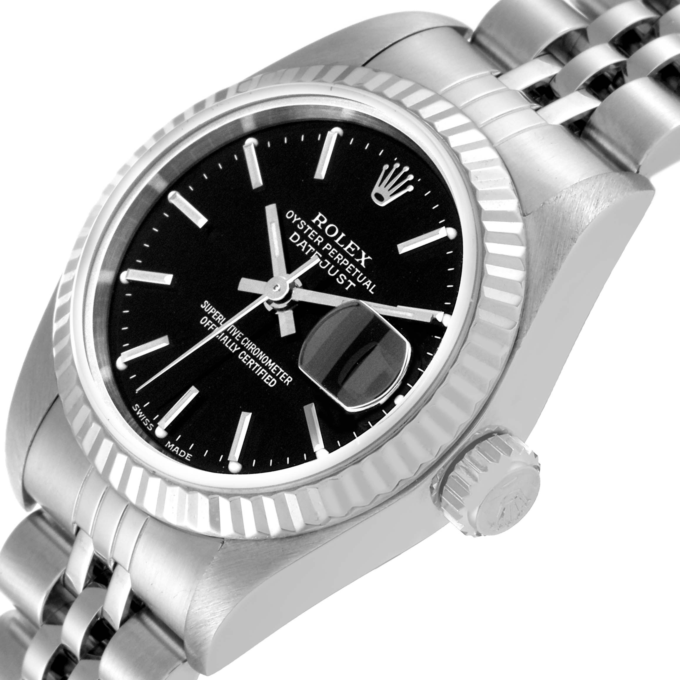 This image shows a close-up view of the Rolex Datejust 79174 Women's Stainless Steel Black Dial 79174 Women's Stainless Steel Black Dial watch dial, bezel, crown, and part of the bracelet.