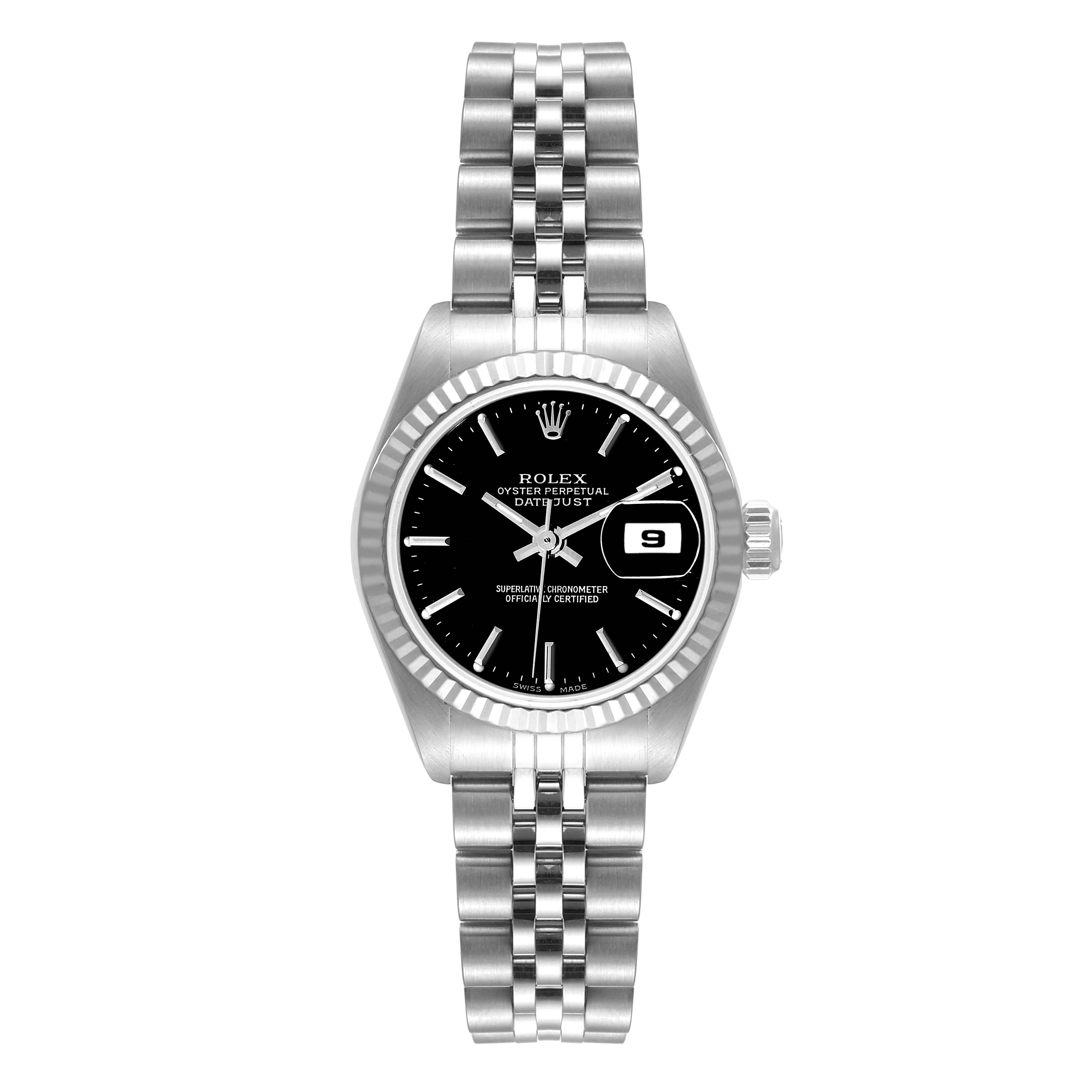 The Rolex Datejust 79174 Women's Stainless Steel Black Dial 79174 Women's Stainless Steel Black Dial watch is shown from the front, displaying its black dial, date window, and stainless steel Jubilee bracelet.