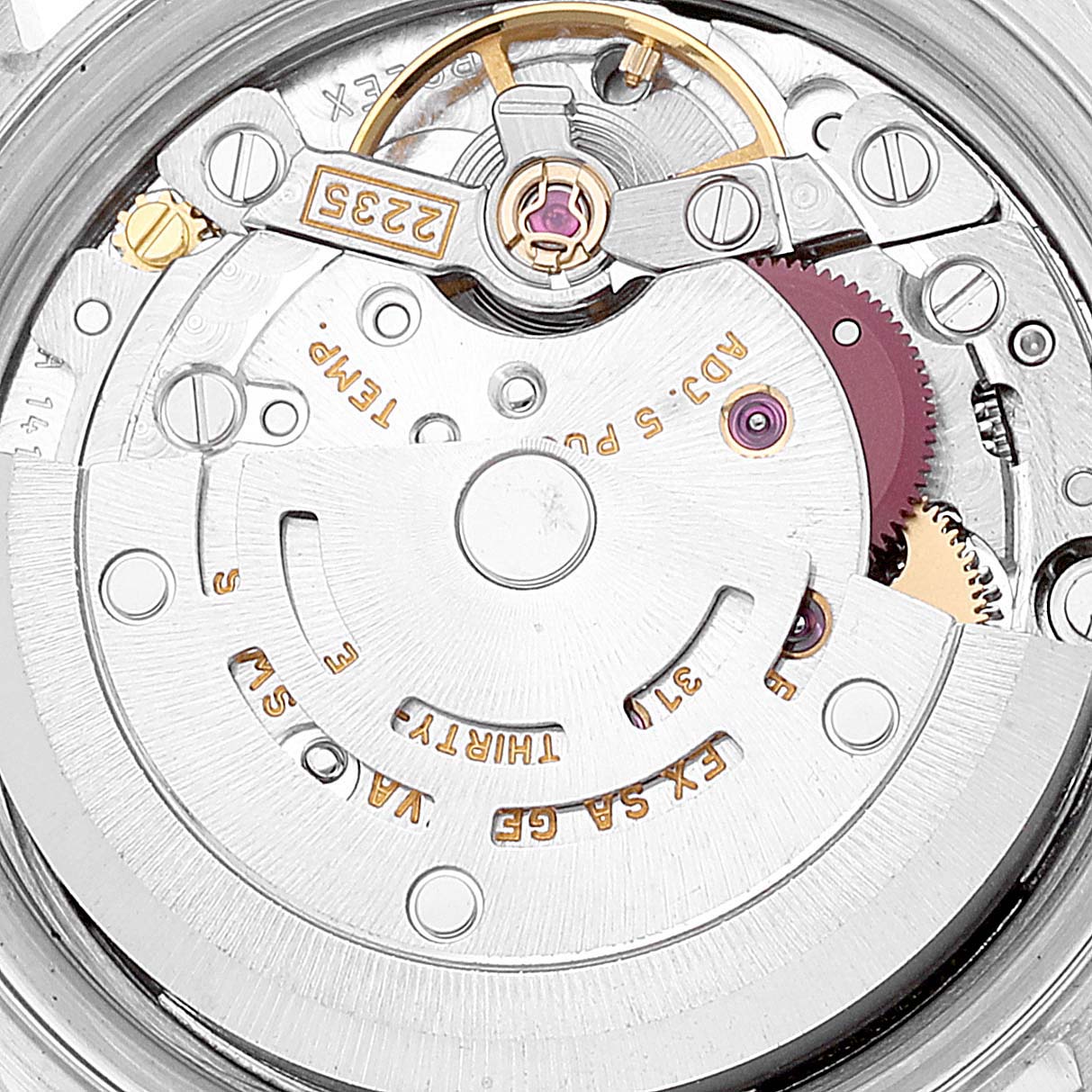 This image shows the inner mechanical movement of the Rolex Datejust 79174 Women's Stainless Steel Black Dial 79174 Women's Stainless Steel Black Dial watch from a top-down angle.