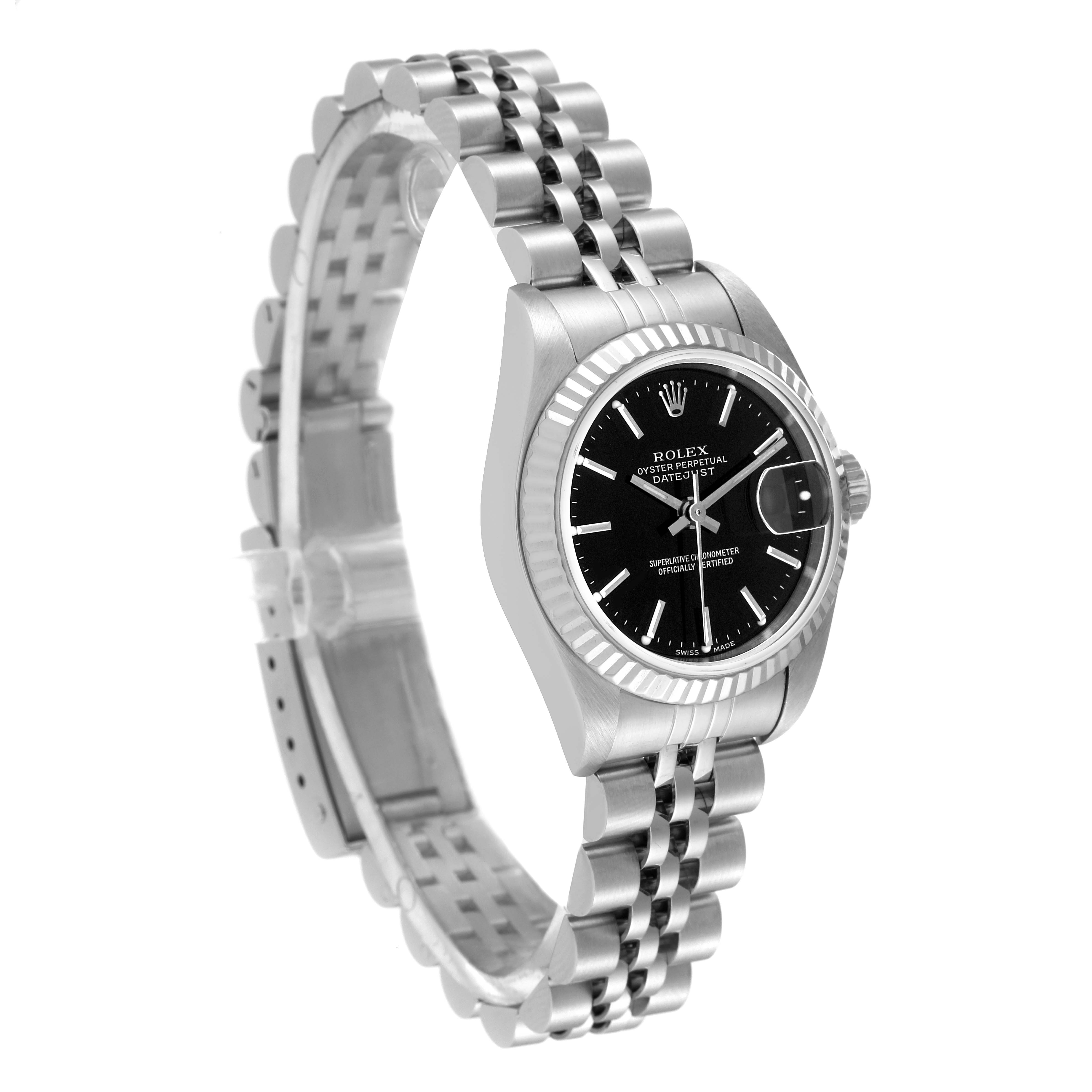 This image shows a Rolex Datejust 79174 Women's Stainless Steel Black Dial 79174 Women's Stainless Steel Black Dial watch from a three-quarter angle, highlighting the face, bezel, and bracelet.