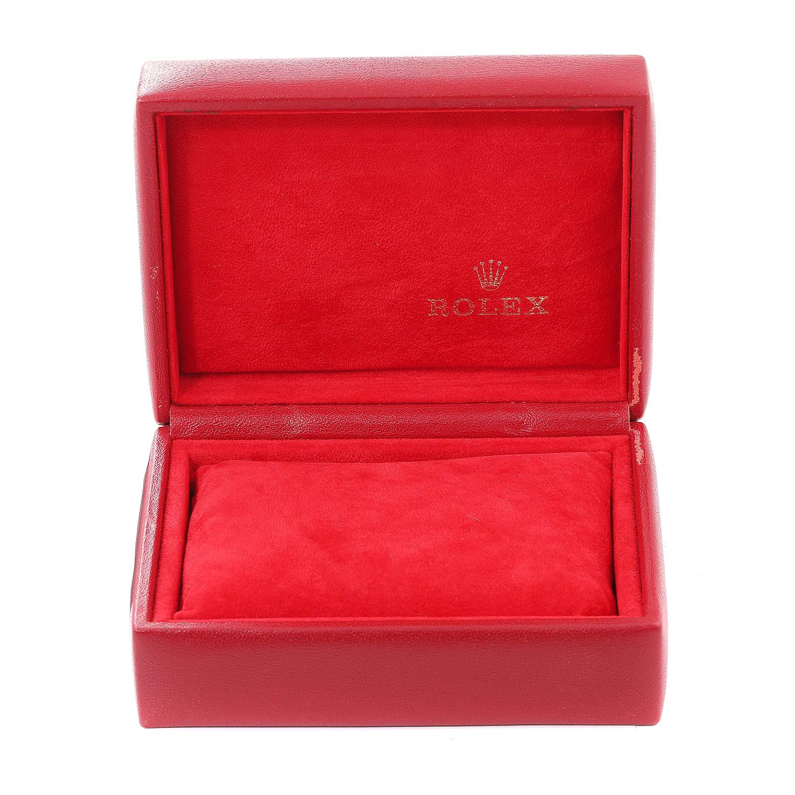 This image shows an open red Rolex Datejust 79174 Women's Stainless Steel Black Dial 79174 Women's Stainless Steel Black Dial watch box with the Rolex logo on the inside lid.