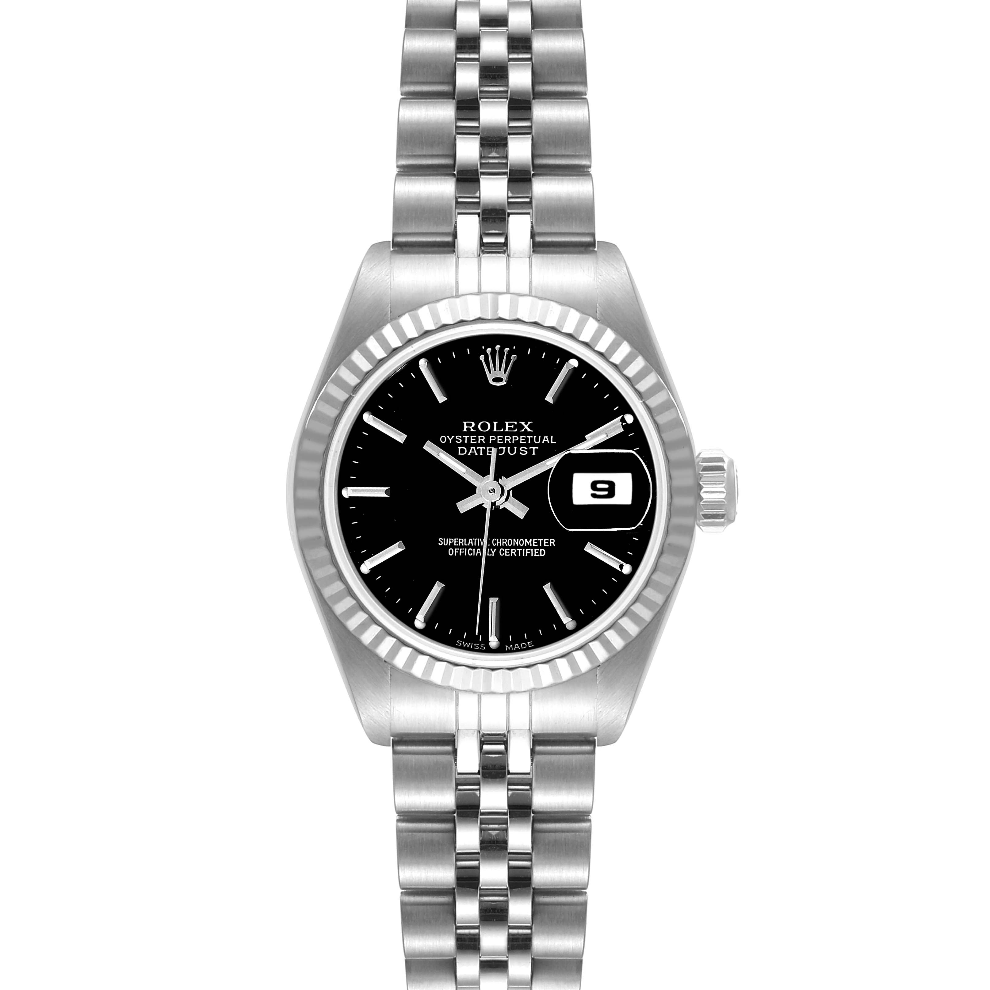 The image shows a front view of the Rolex Datejust 79174 Women's Stainless Steel Black Dial 79174 Women's Stainless Steel Black Dial watch, highlighting its black dial, jubilee bracelet, and date window.