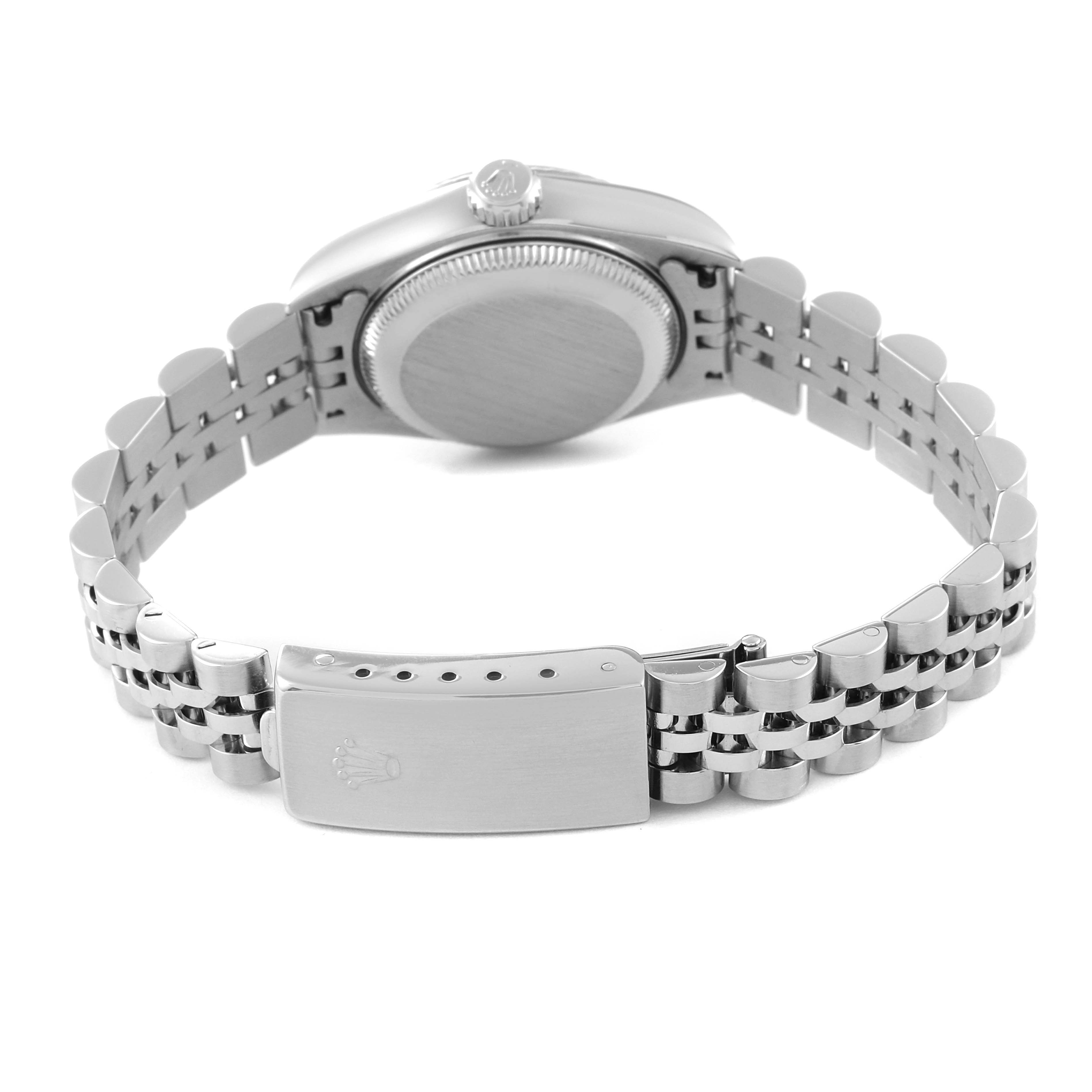 This image shows the back view of a Rolex Datejust 79174 Women's Stainless Steel Black Dial 79174 Women's Stainless Steel Black Dial watch, highlighting the clasp and bracelet.