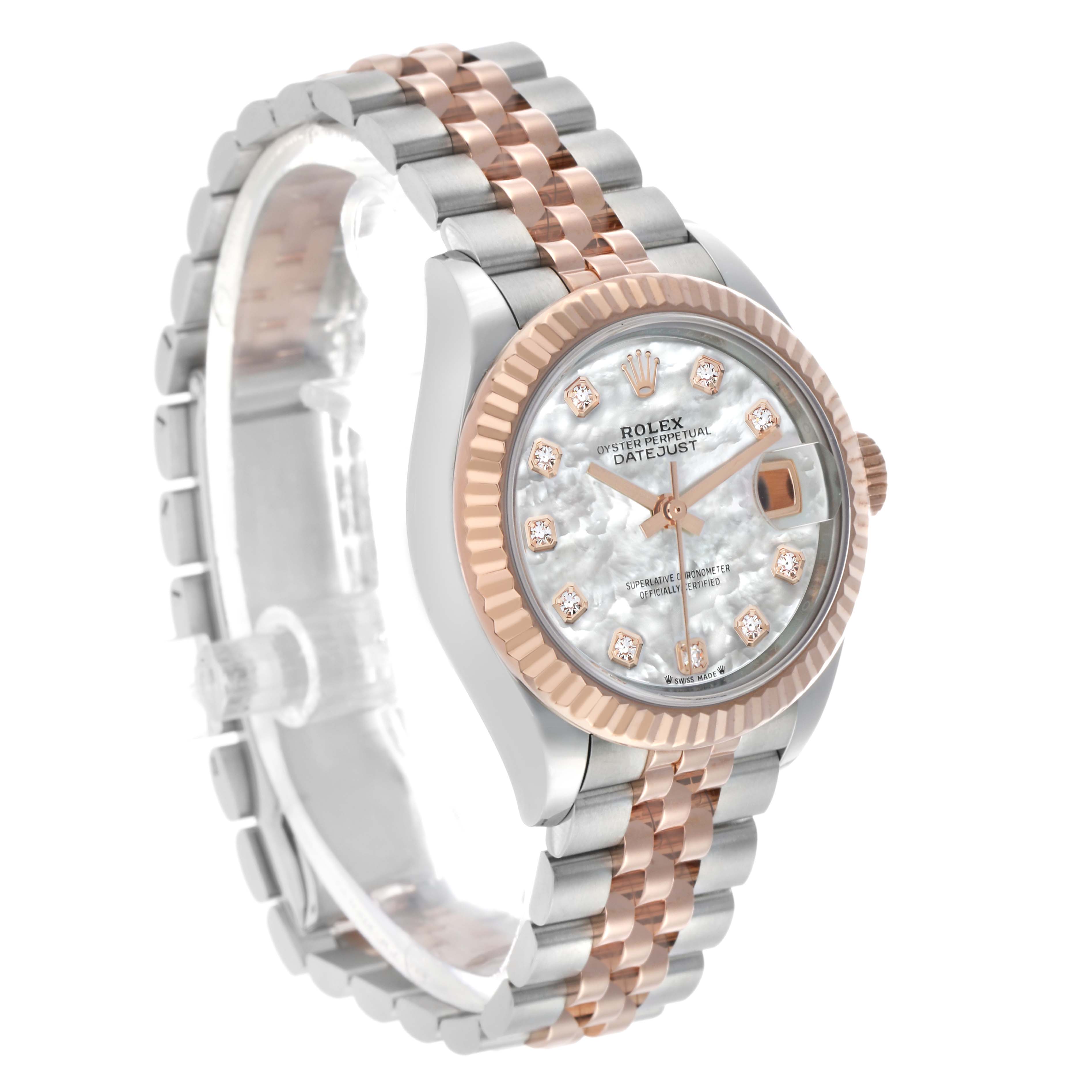 The Rolex Datejust 279171 Women's Steel and Gold (two tone) Mother of Pearl Dial watch is shown at a three-quarter angle, highlighting the face, bezel, crown, and jubilee bracelet.