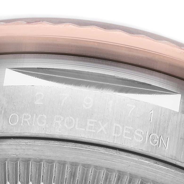 The image shows a close-up of the Rolex Datejust 279171 Women's Steel and Gold (two tone) Mother of Pearl Dial case side, focusing on the "ORIG ROLEX DESIGN" engraving.