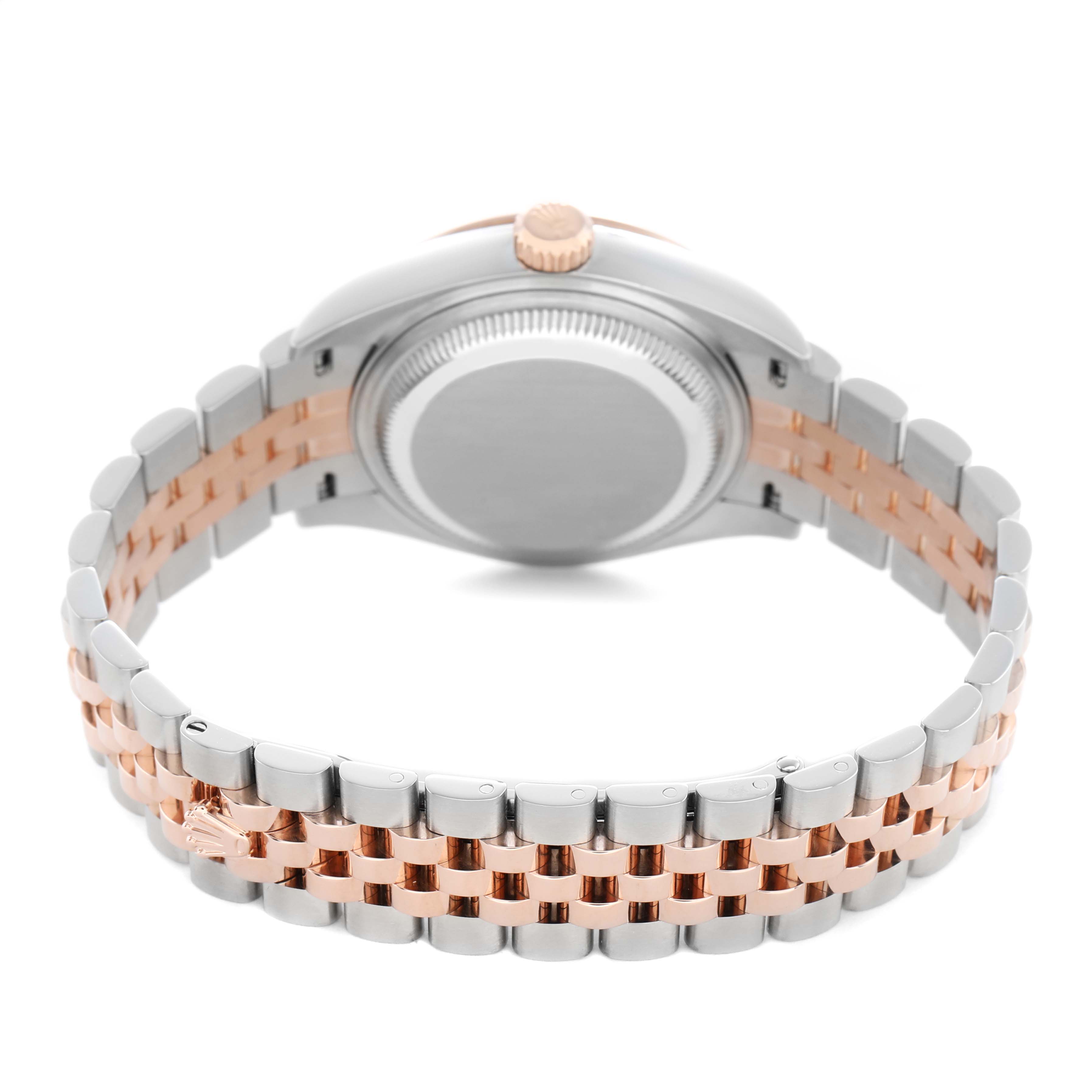 The image shows the back case and bracelet of a Rolex Datejust 279171 Women's Steel and Gold (two tone) Mother of Pearl Dial, highlighting its two-tone metal finish.