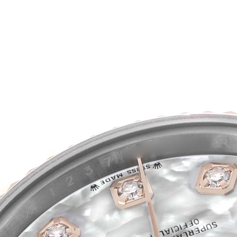 The image shows a close-up of the Rolex Datejust 279171 Women's Steel and Gold (two tone) Mother of Pearl Dial dial with diamond hour markers and partial text visible.