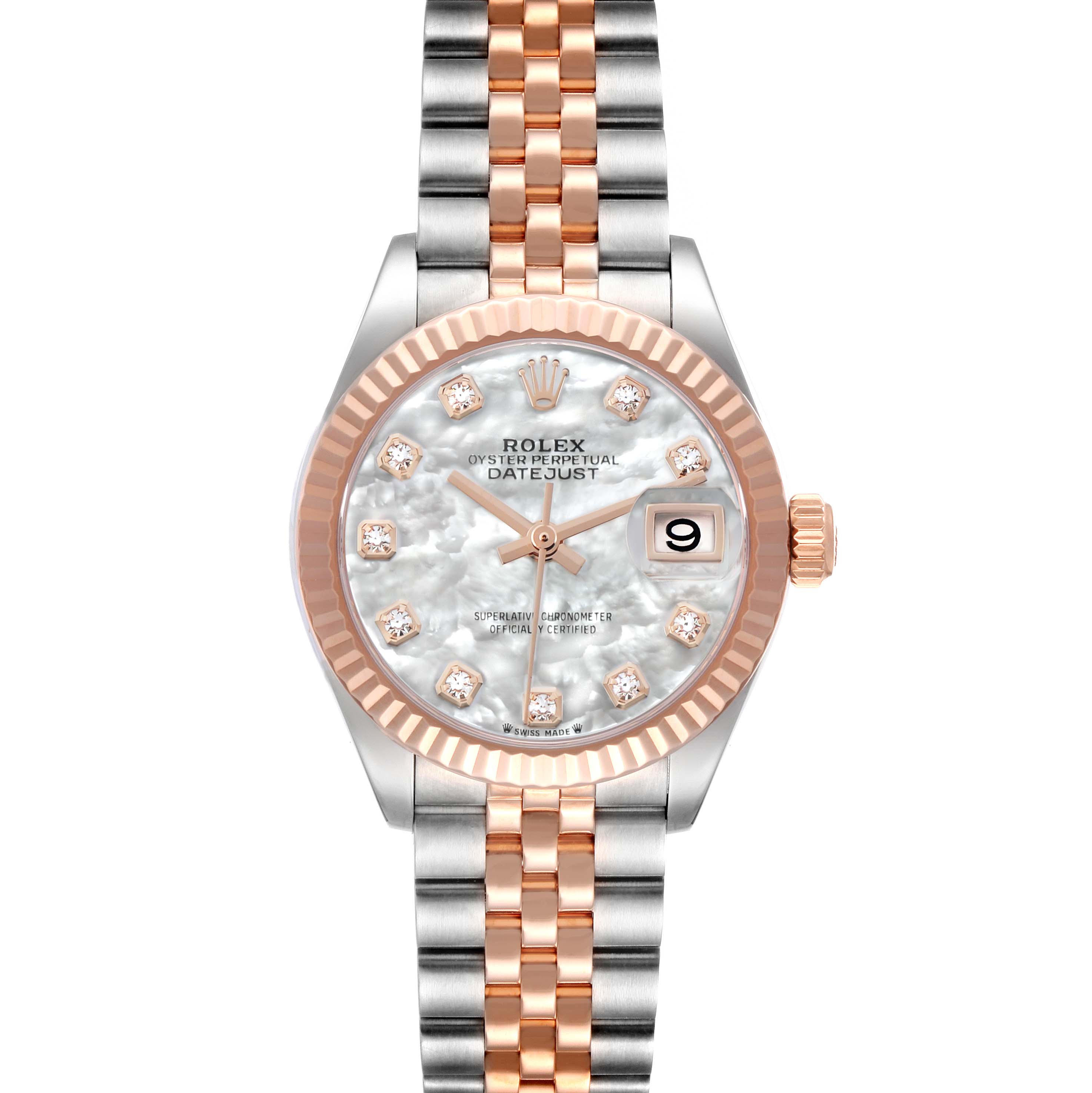 The Rolex Datejust 279171 Women's Steel and Gold (two tone) Mother of Pearl Dial watch is shown from the front, displaying the dial, bezel, and two-tone bracelet.