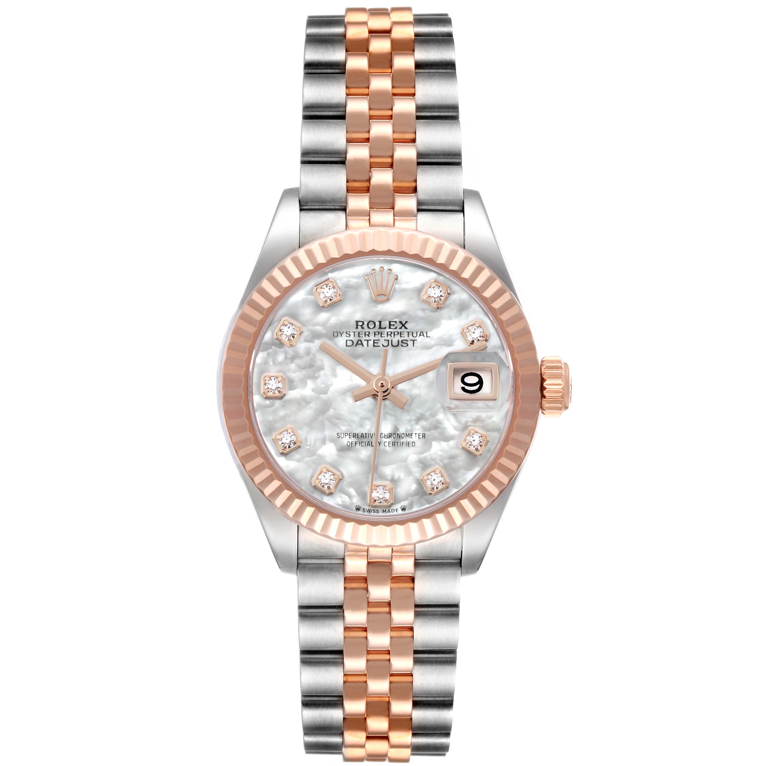 The Rolex Datejust 279171 Women's Steel and Gold (two tone) Mother of Pearl Dial watch is shown from the front, displaying the dial, bezel, case, and Jubilee bracelet.