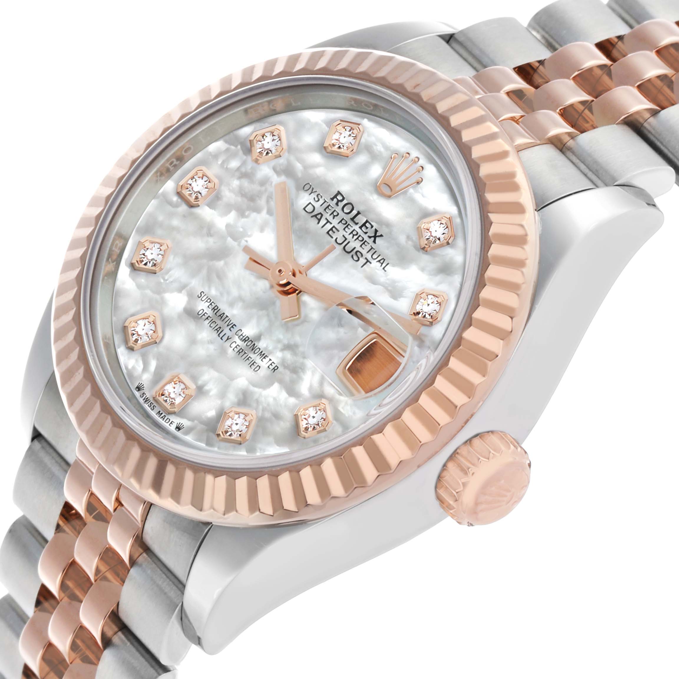 The Rolex Datejust 279171 Women's Steel and Gold (two tone) Mother of Pearl Dial watch is shown at a slight angle, highlighting the dial, crown, and part of the bracelet.