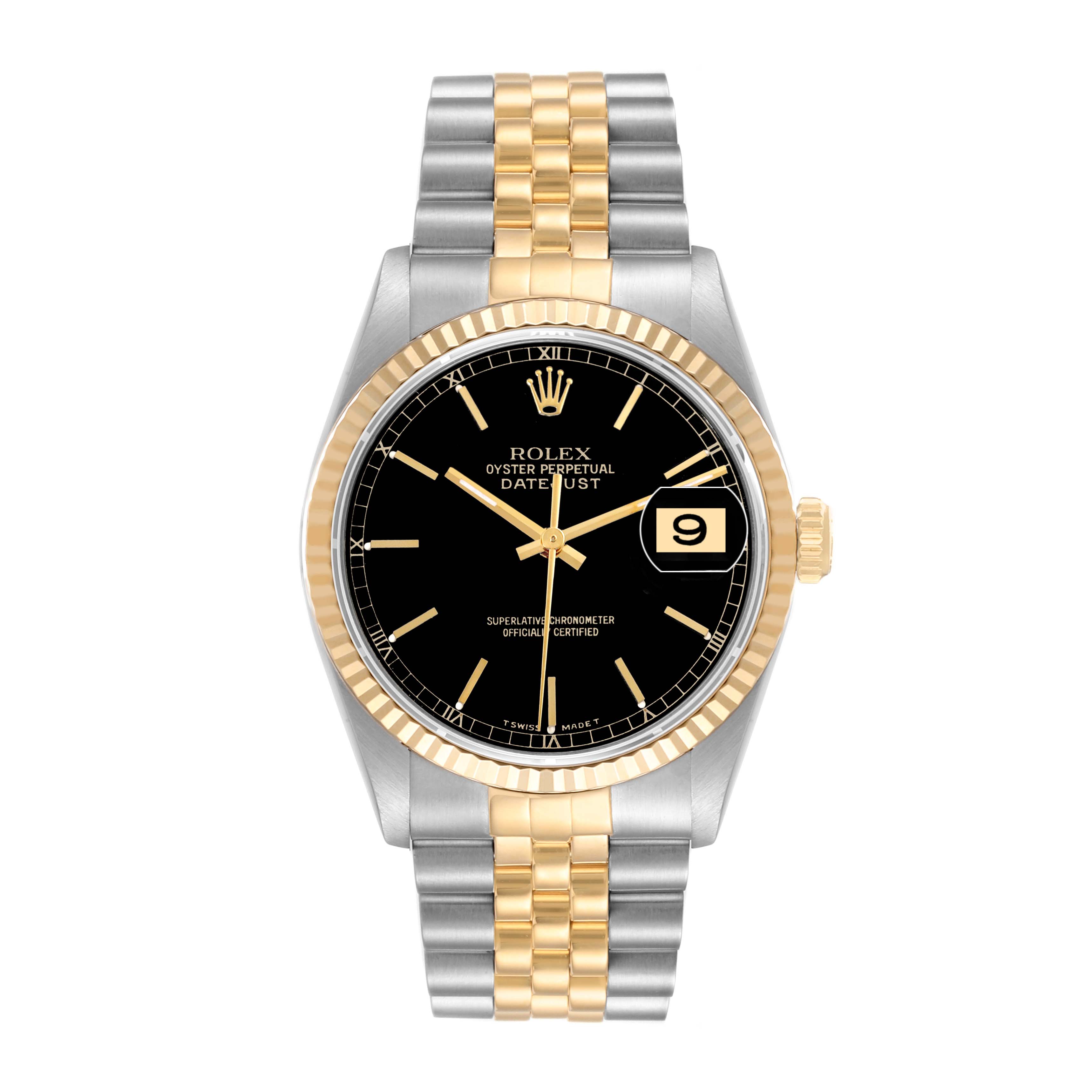 The Rolex Datejust 16233 Men's Steel and Gold (two tone) Black Dial 16233 Men's Steel and Gold (two tone) Black Dial watch is shown from the front angle, displaying its dial, bezel, and bracelet.