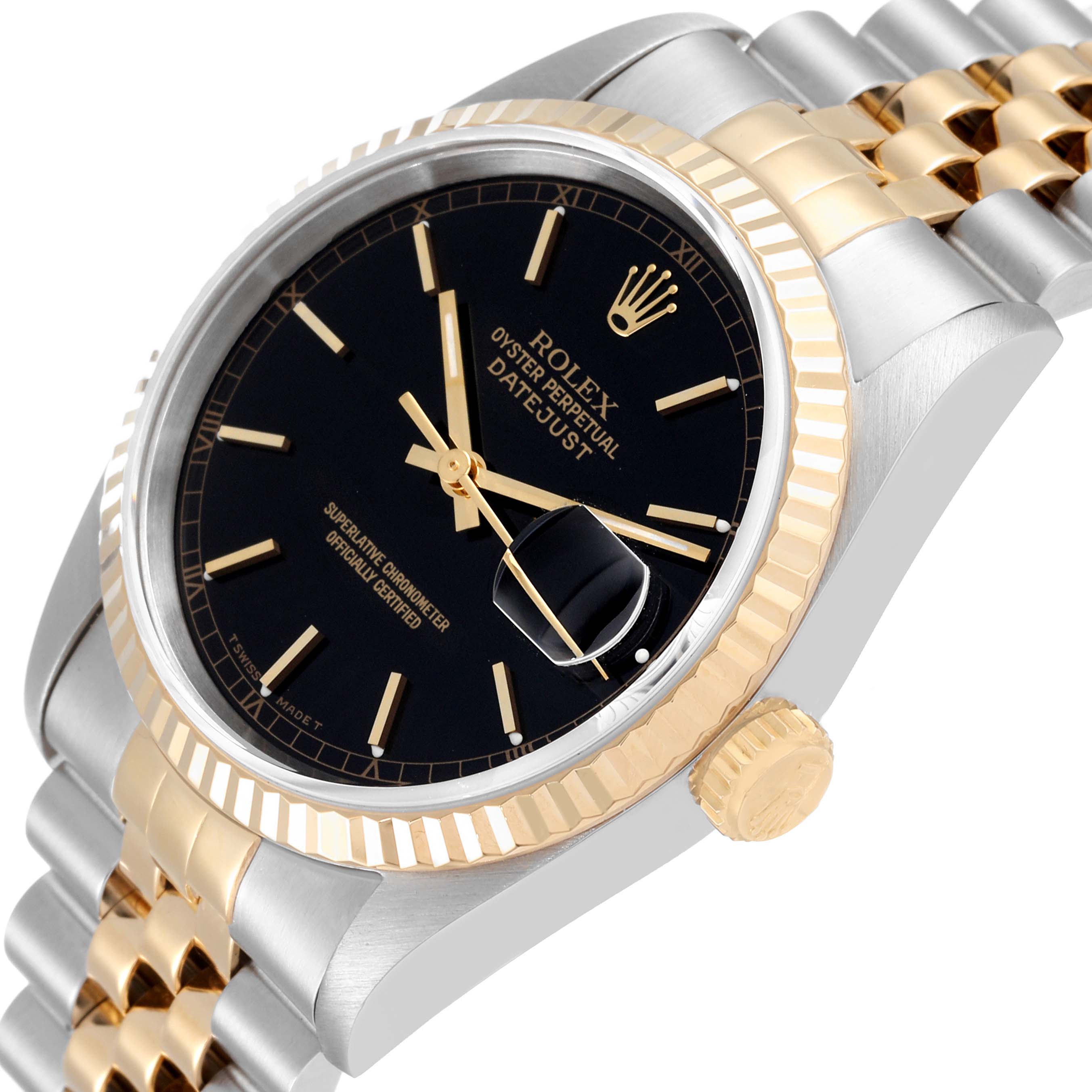 The image shows a Rolex Datejust 16233 Men's Steel and Gold (two tone) Black Dial 16233 Men's Steel and Gold (two tone) Black Dial watch at a three-quarter angle highlighting the dial, bezel, crown, and part of the bracelet.