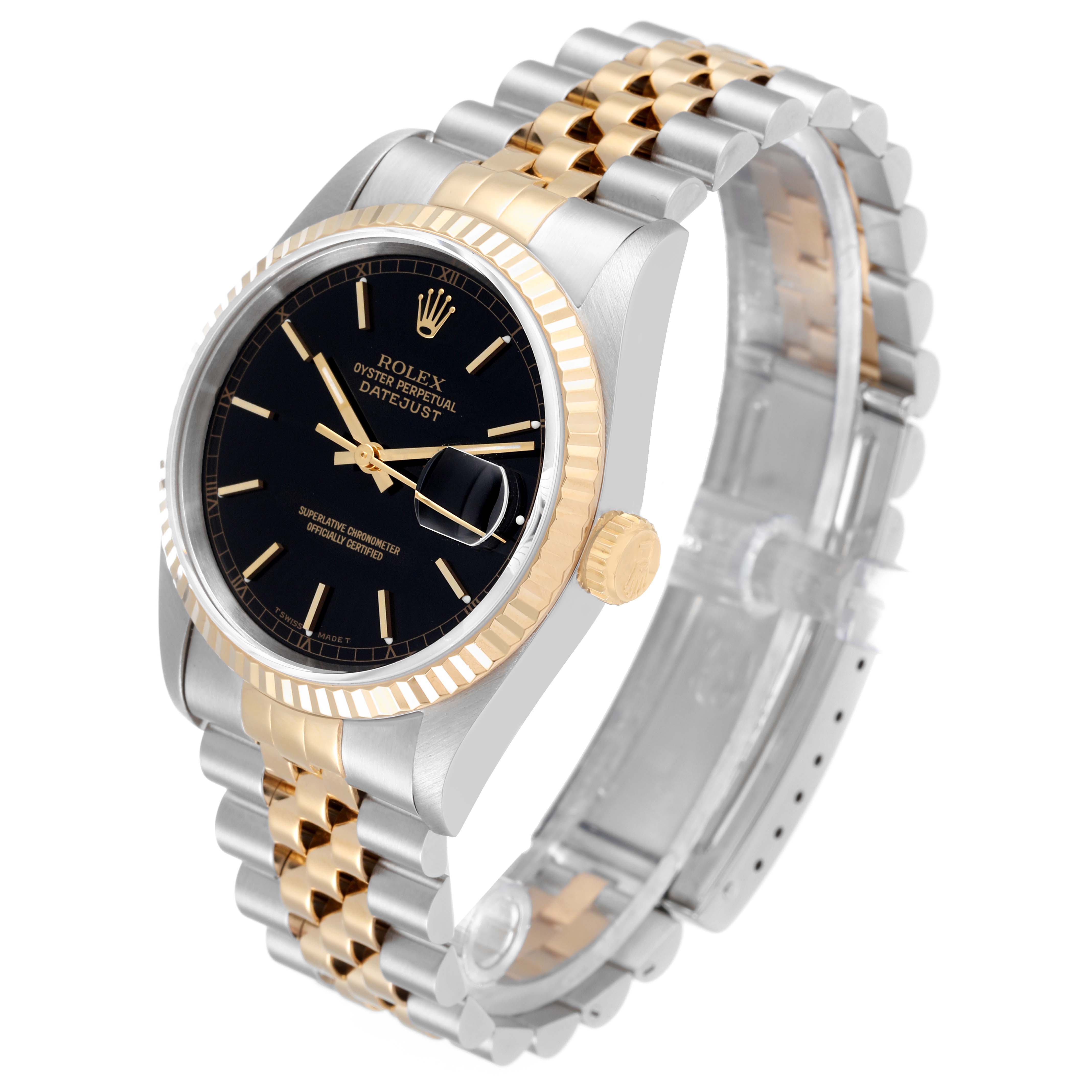 The image shows a Rolex Datejust 16233 Men's Steel and Gold (two tone) Black Dial 16233 Men's Steel and Gold (two tone) Black Dial watch at an angled side view, highlighting the black dial, gold bezel, and two-tone bracelet.