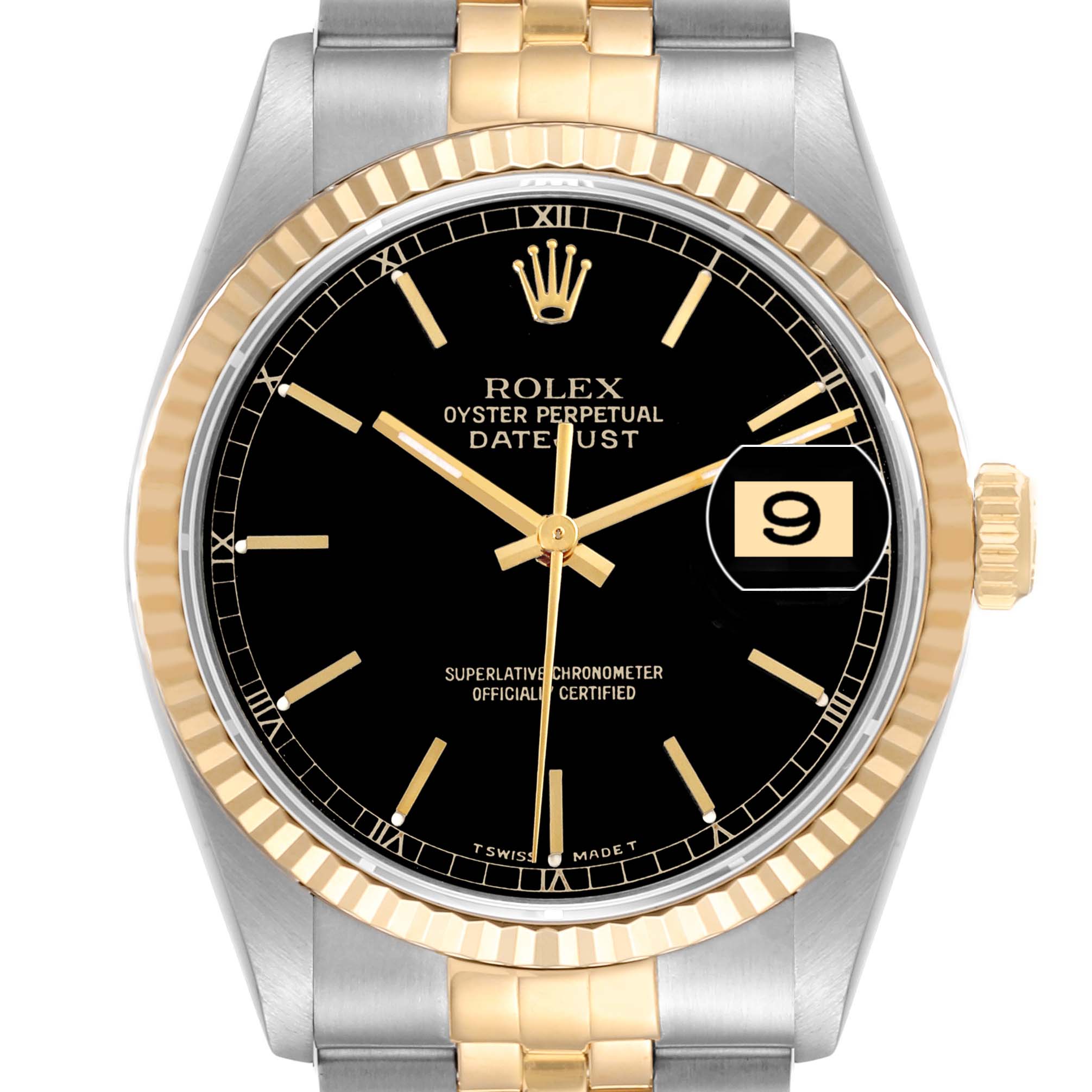 The image shows a front view of a Rolex Datejust 16233 Men's Steel and Gold (two tone) Black Dial 16233 Men's Steel and Gold (two tone) Black Dial watch, highlighting its black dial, date window, and two-tone bracelet.