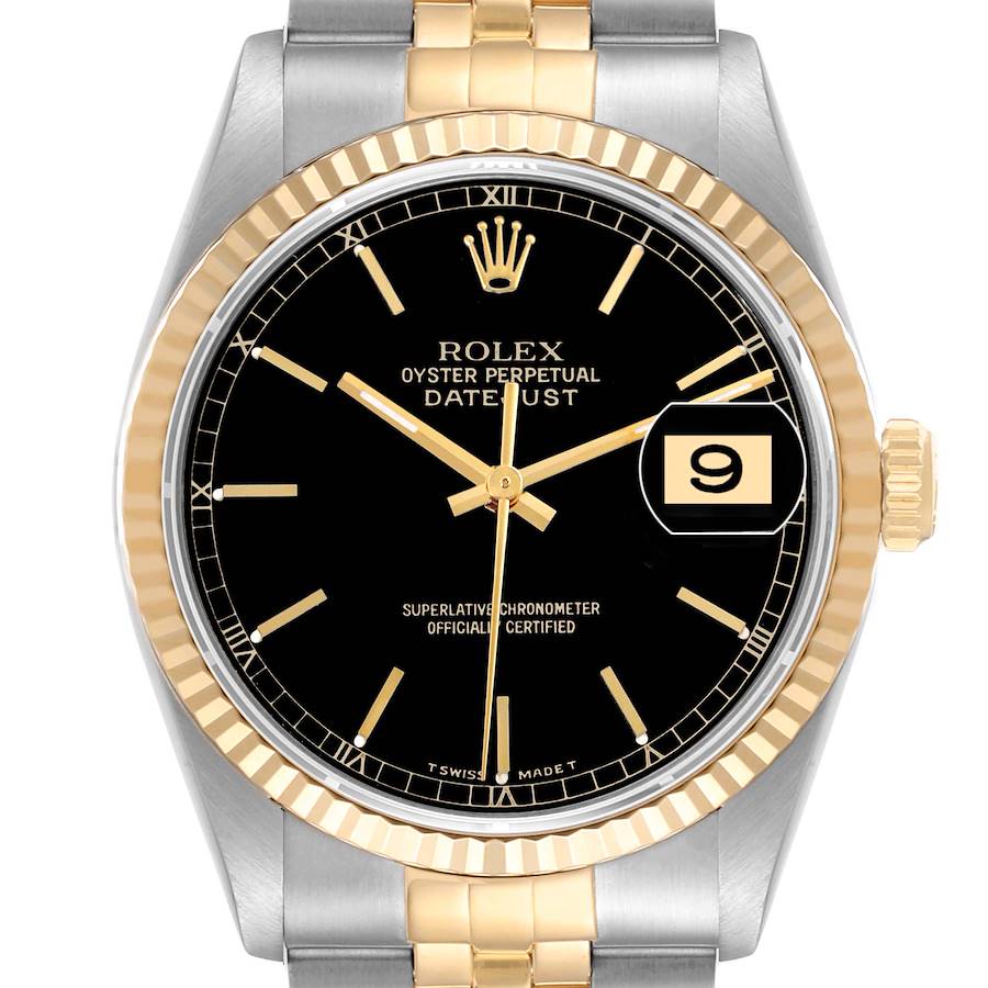 Rolex Datejust 36 Steel Yellow Gold Black Dial Mens Watch 16233 Box Papers SwissWatchExpo