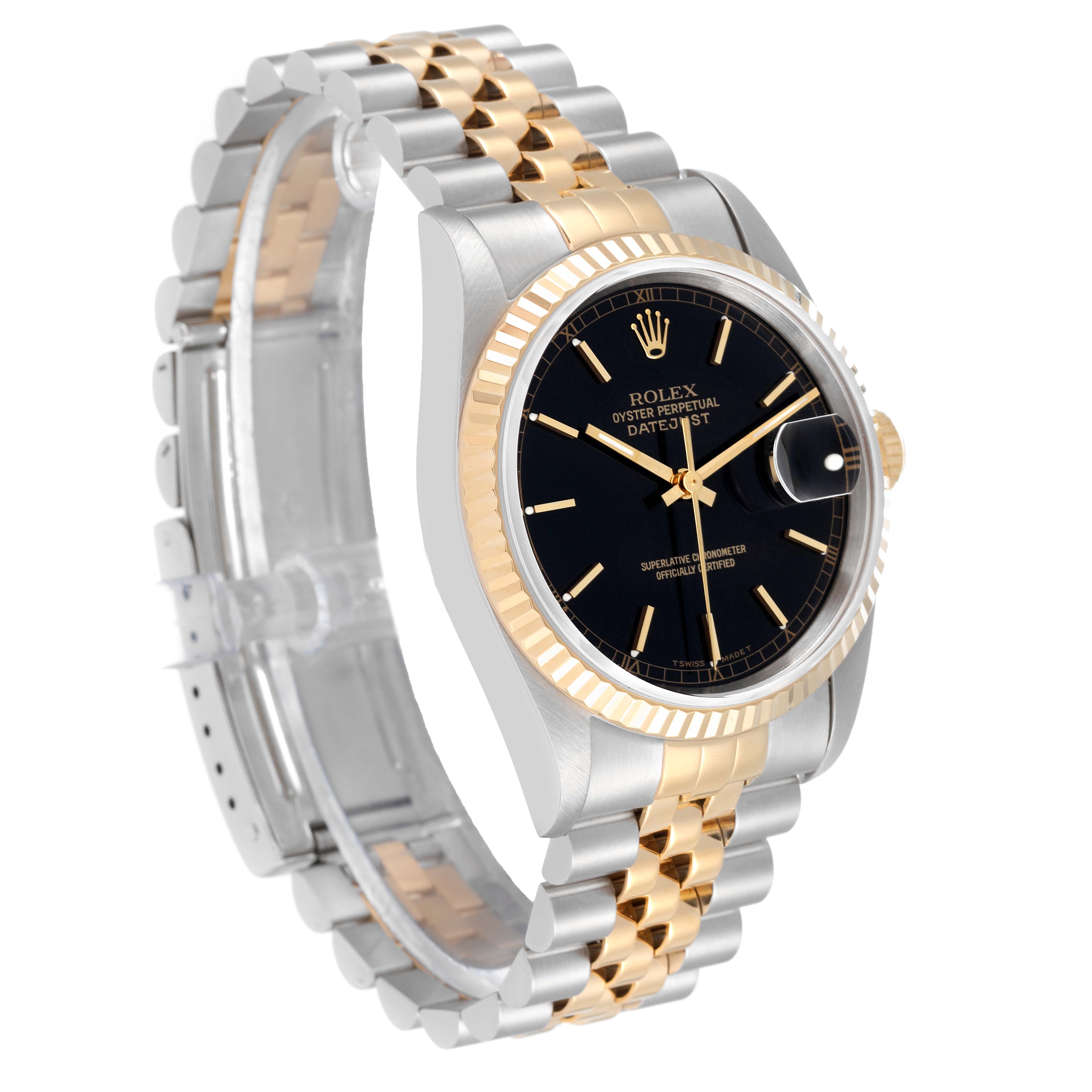 This is a front-angle view of a Rolex Datejust 16233 Men's Steel and Gold (two tone) Black Dial 16233 Men's Steel and Gold (two tone) Black Dial watch, showcasing its black dial, two-tone bracelet, and fluted bezel.