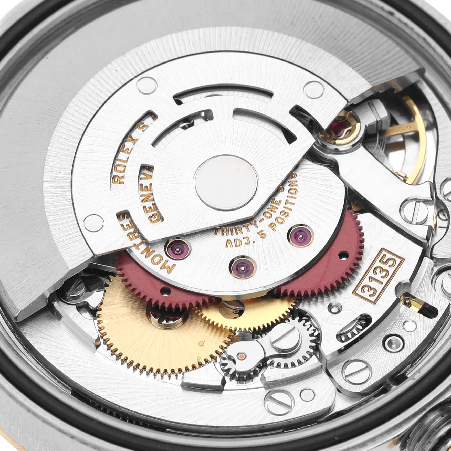 The image shows a close-up view of the movement mechanism inside a Rolex Datejust 16233 Men's Steel and Gold (two tone) Black Dial 16233 Men's Steel and Gold (two tone) Black Dial watch.