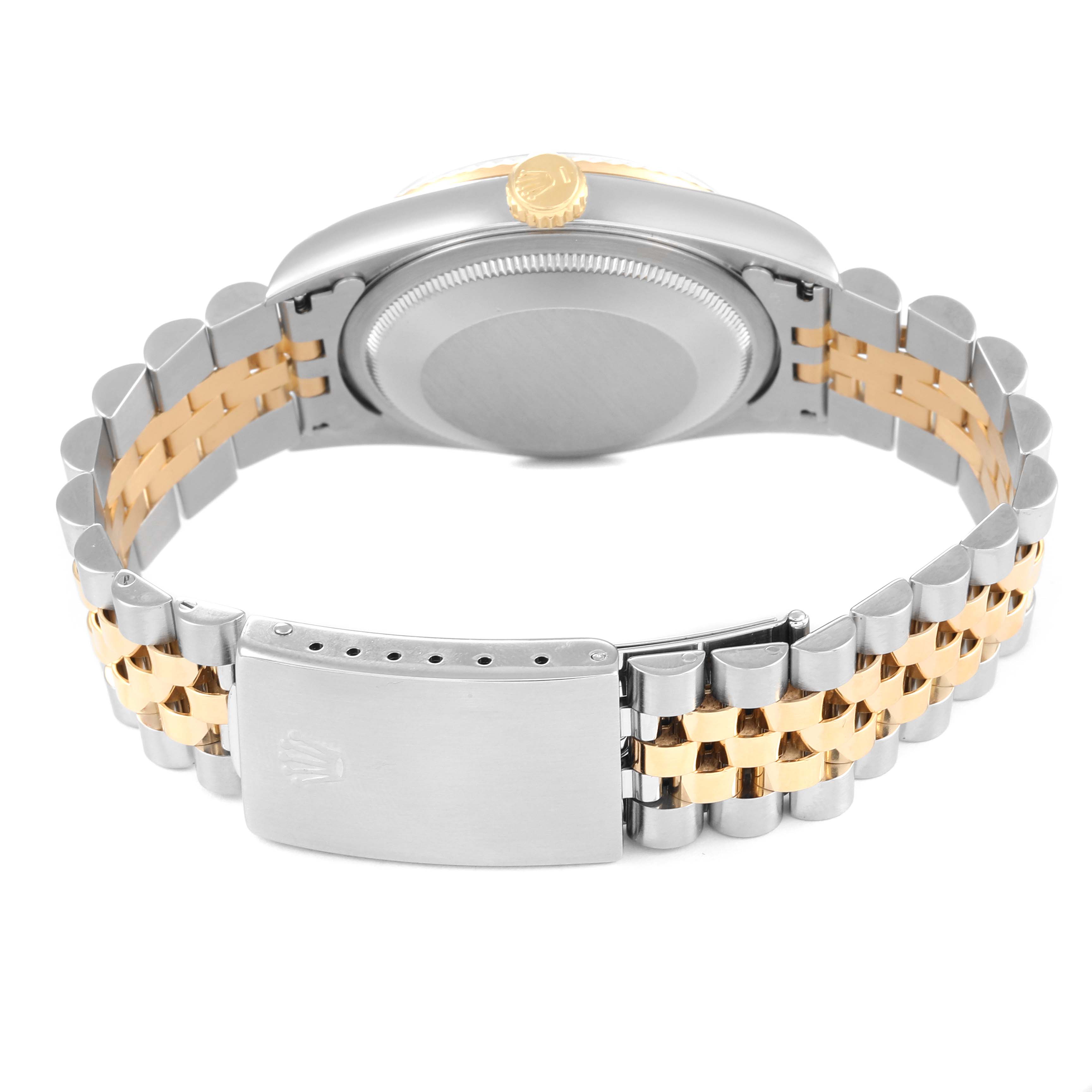 This image shows the back view of a Rolex Datejust 16233 Men's Steel and Gold (two tone) Black Dial 16233 Men's Steel and Gold (two tone) Black Dial watch, highlighting its case, crown, and two-tone bracelet with clasp.