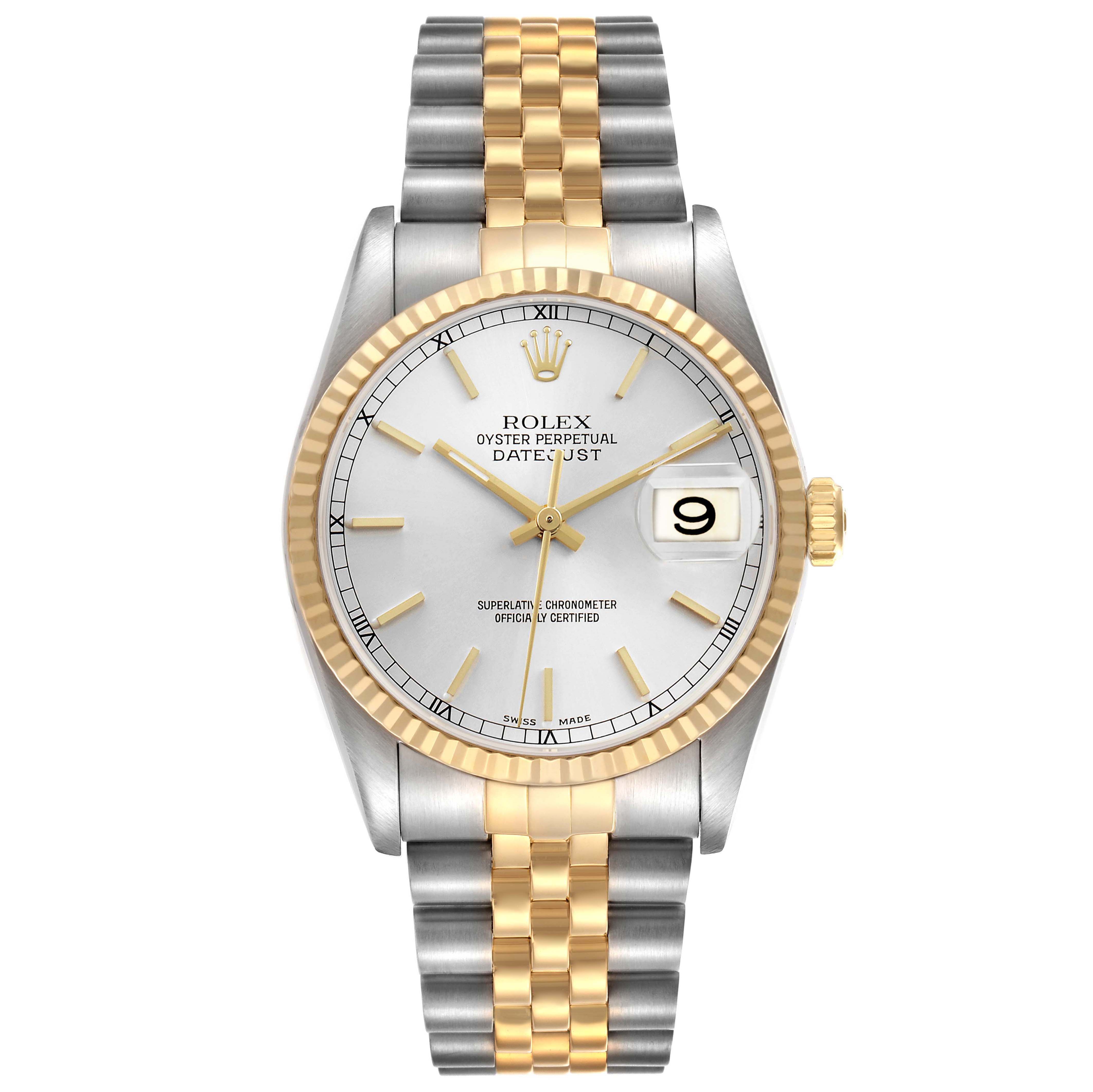 The Rolex Datejust 16233 Men's Steel and Gold (two tone) Silver Dial watch is shown from the front, highlighting the dial, fluted bezel, two-tone bracelet, and date window.