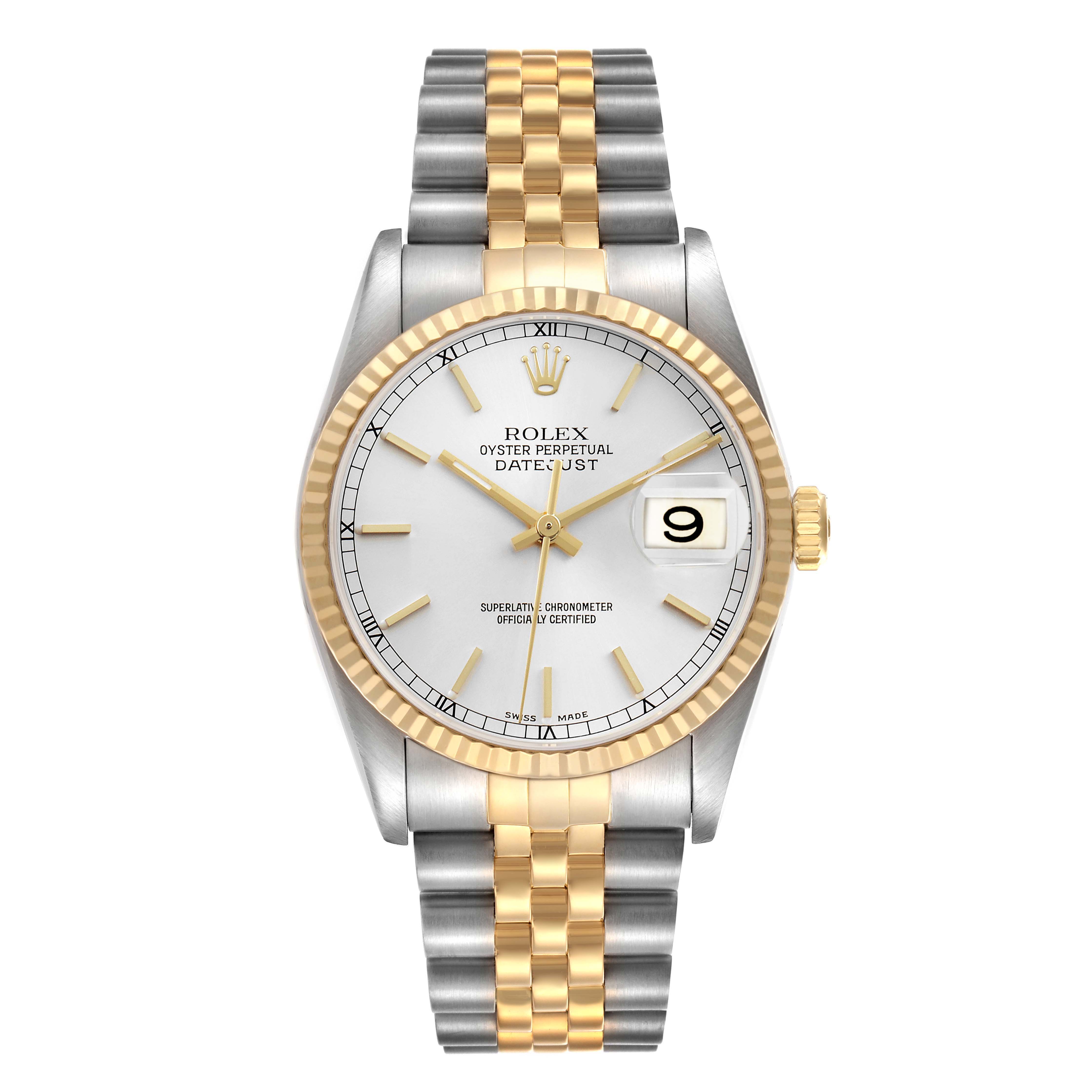 The Rolex Datejust 16233 Men's Steel and Gold (two tone) Silver Dial watch is shown from the front, highlighting the dial, bezel, and two-tone bracelet.