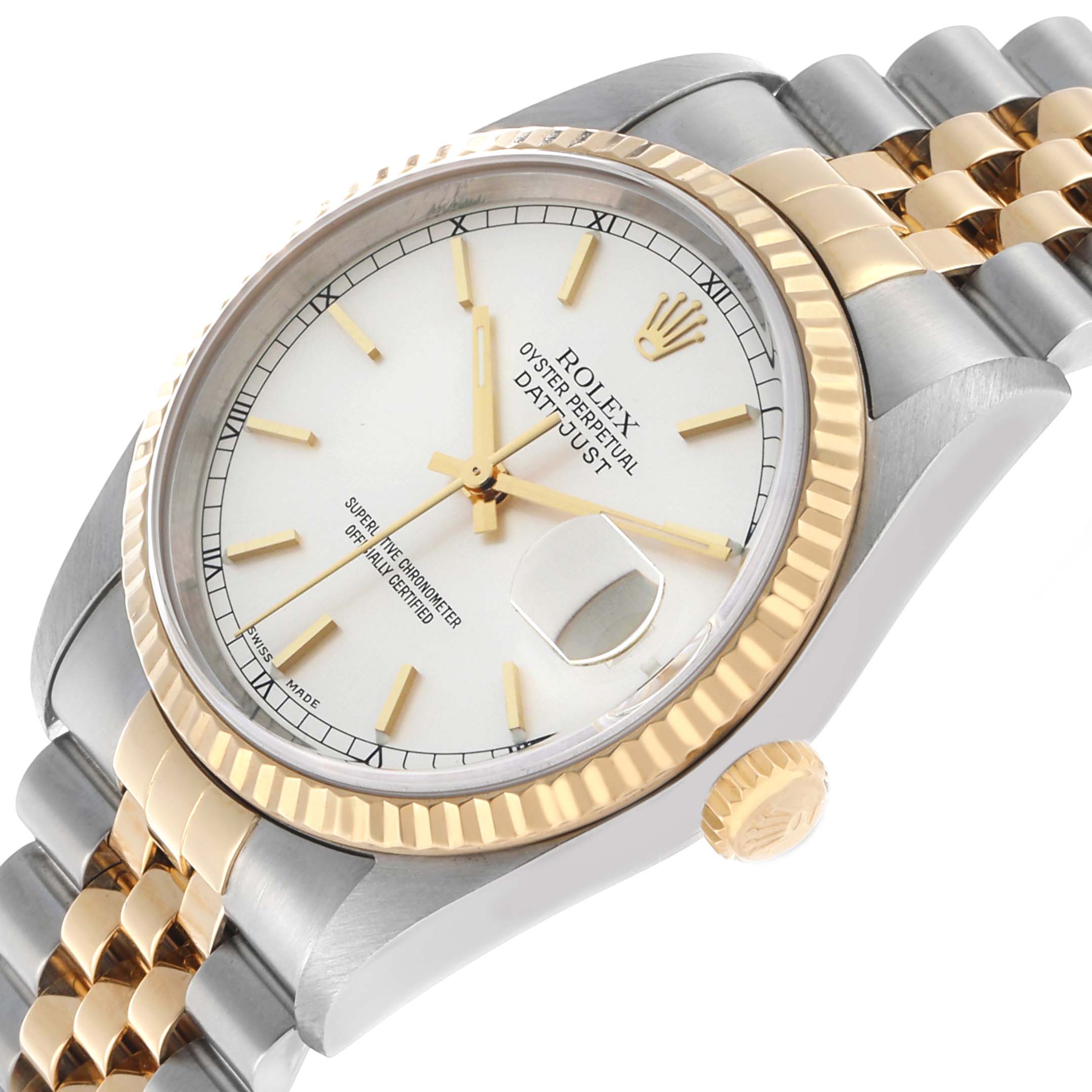 The Rolex Datejust 16233 Men's Steel and Gold (two tone) Silver Dial watch is shown at a tilted angle, highlighting the face, bezel, crown, and bracelet.