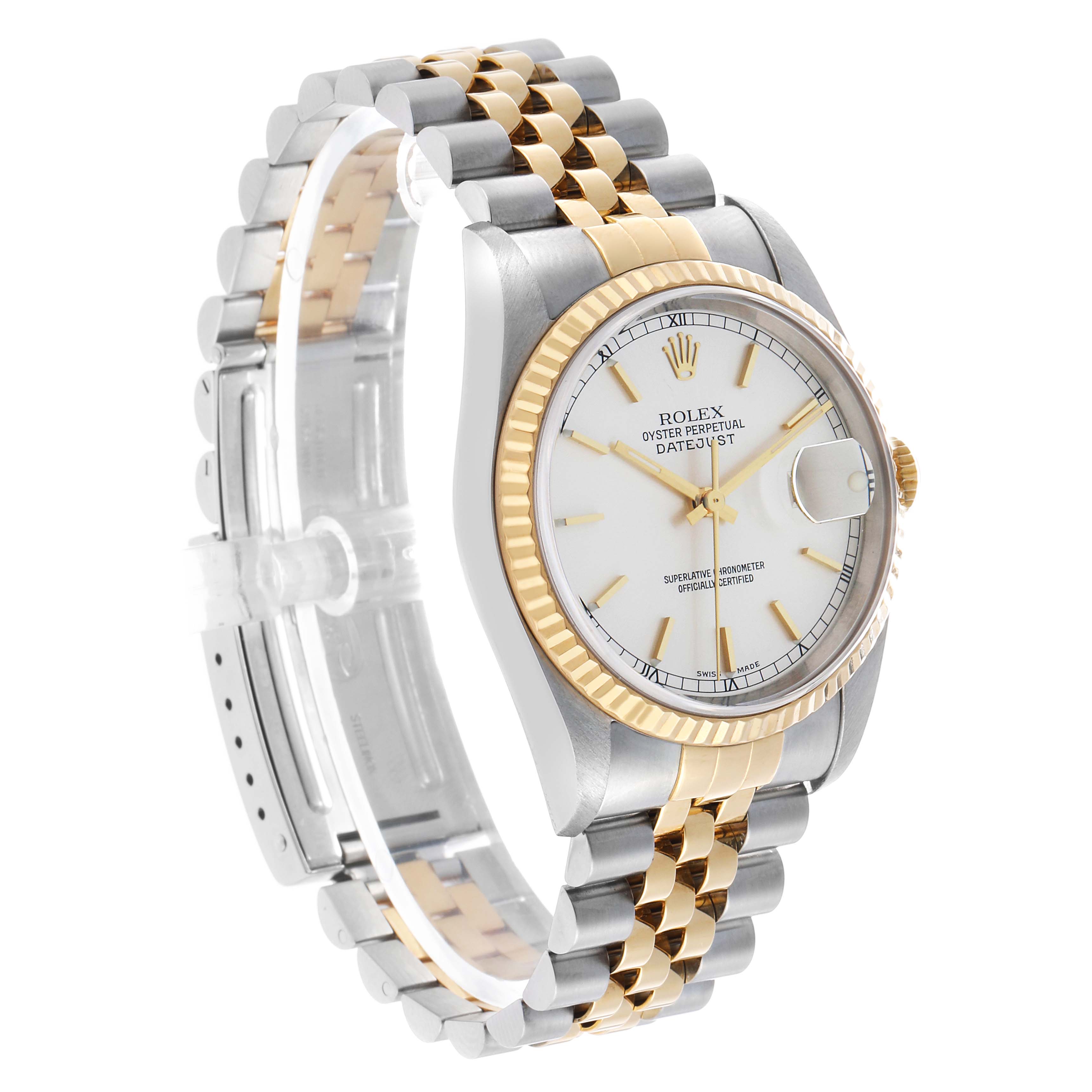 The Rolex Datejust 16233 Men's Steel and Gold (two tone) Silver Dial watch is shown at a three-quarter angle, displaying the face, bezel, and two-tone bracelet.