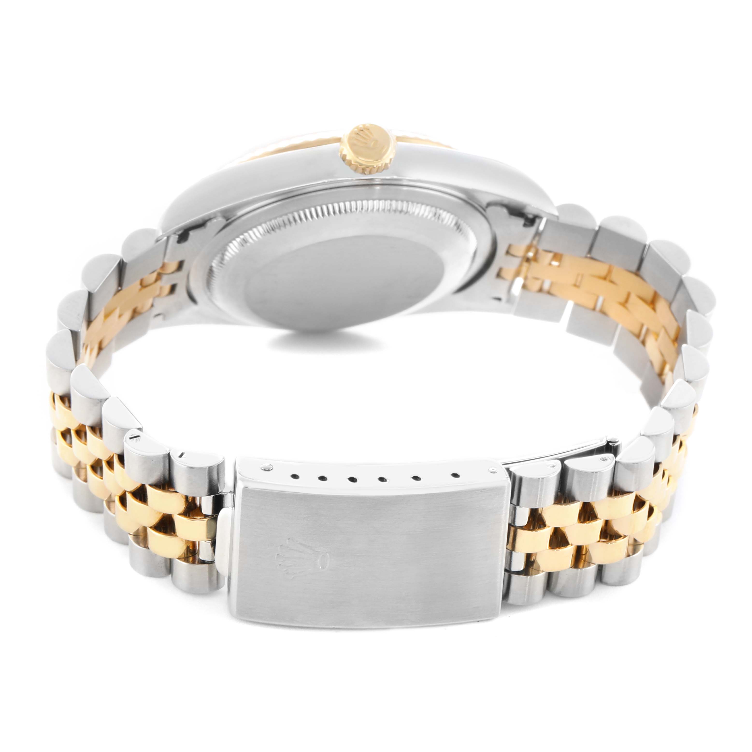 The Rolex Datejust 16233 Men's Steel and Gold (two tone) Silver Dial is shown from the back, displaying the clasp, bracelet, and crown.