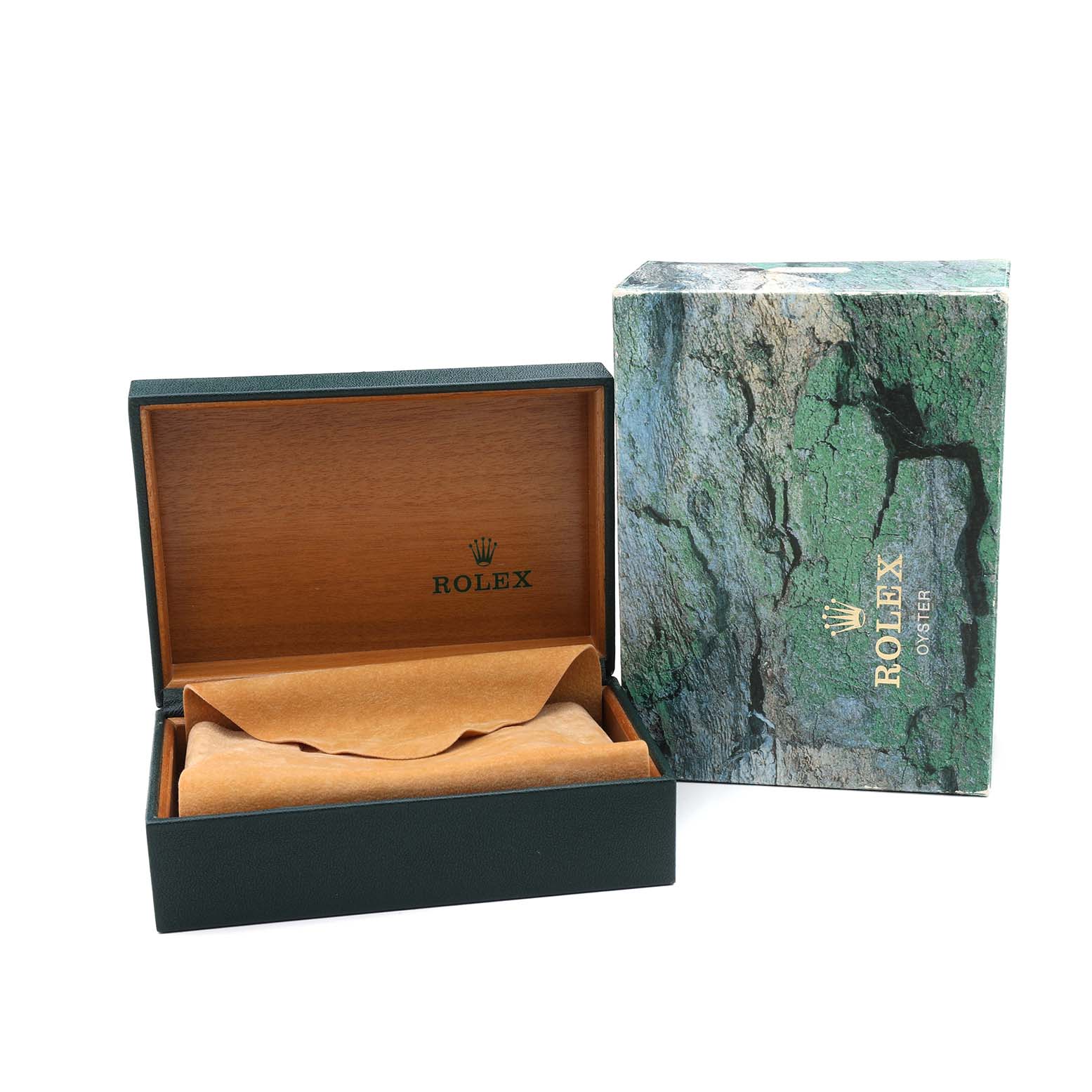 The image shows a Rolex Datejust 16233 Men's Steel and Gold (two tone) Silver Dial watch box and packaging, featuring an open green box with a brown interior and an outer sleeve.