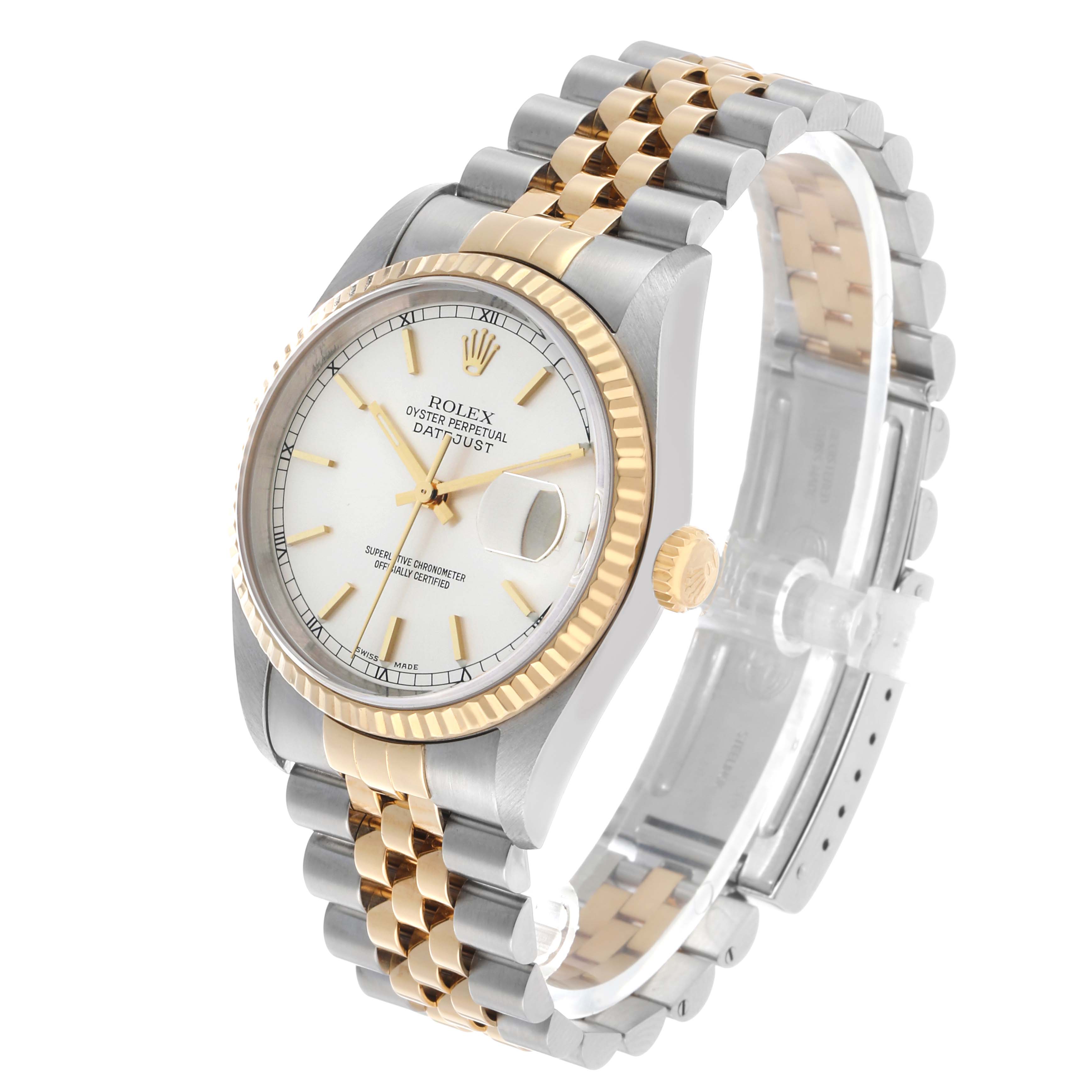 The Rolex Datejust 16233 Men's Steel and Gold (two tone) Silver Dial watch is shown at a three-quarter angle, displaying the dial, bezel, crown, and jubilee bracelet.