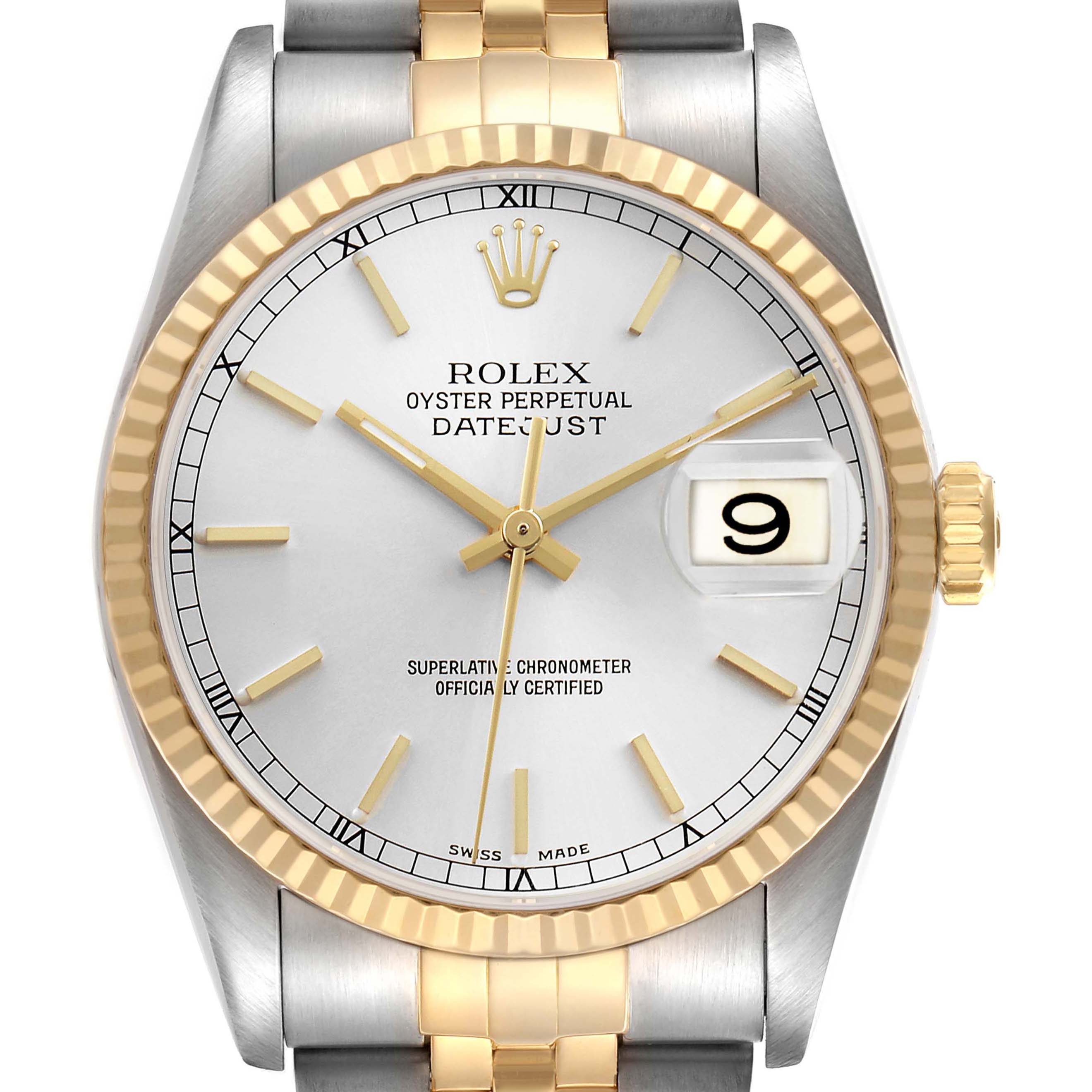 The Rolex Datejust 16233 Men's Steel and Gold (two tone) Silver Dial watch is shown from a front angle, highlighting the dial, bezel, and part of the bracelet.