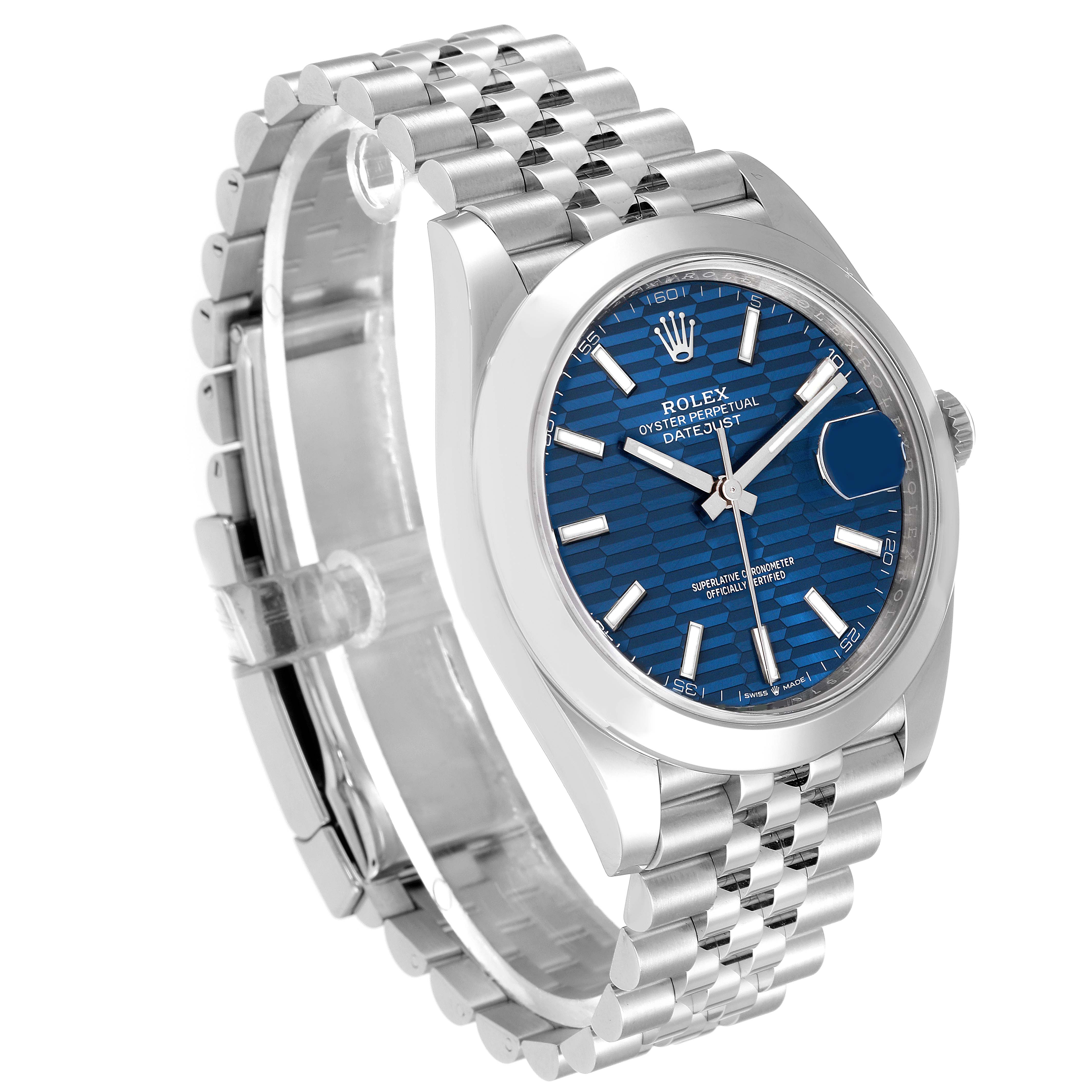 This image shows a Rolex Datejust 41 126300 Men
s Stainless Steel Blue Dial 126300 Men
s Stainless Steel Blue Dial watch from a slight angle, displaying its blue dial, silver case, and Jubilee bracelet.