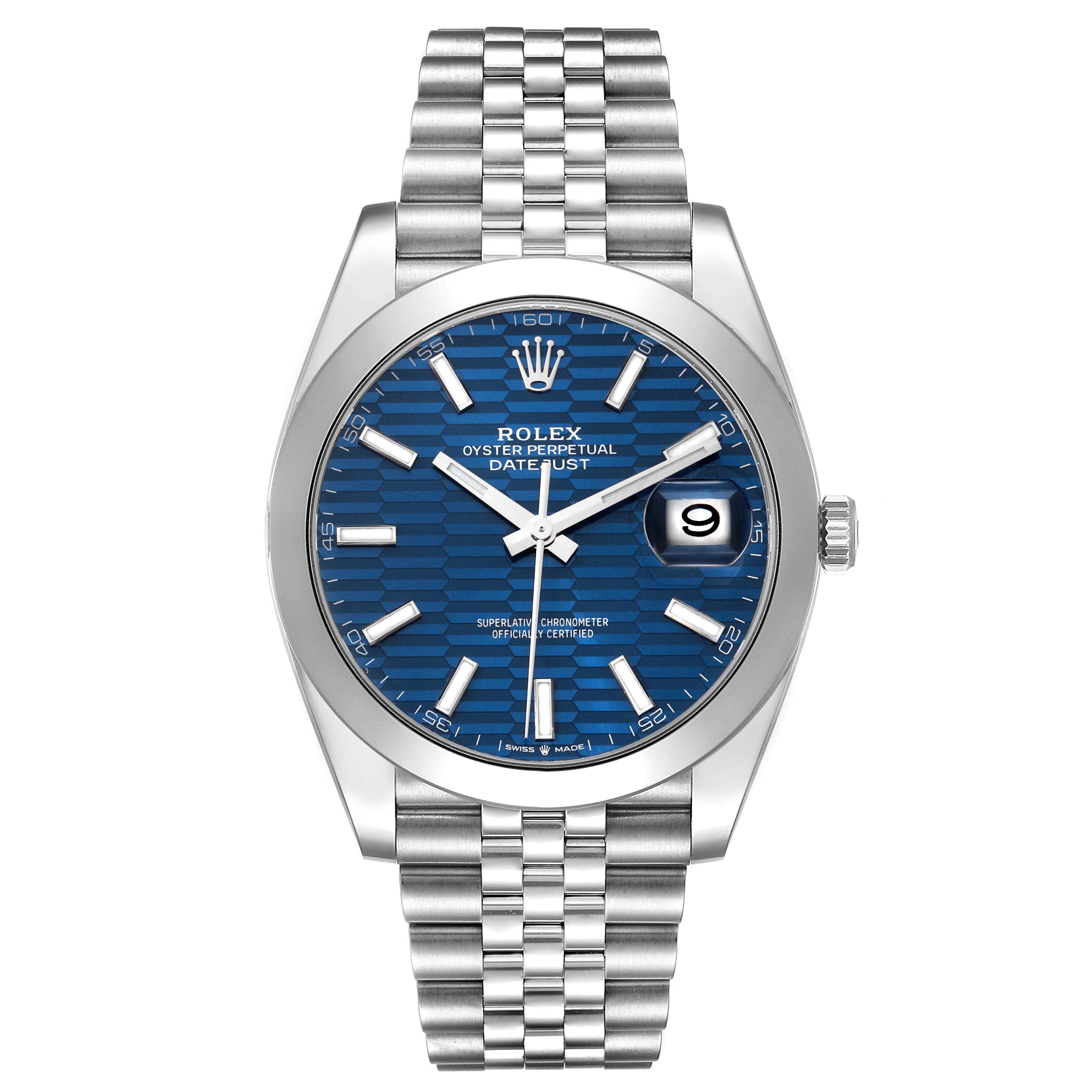 This image shows a front view of a Rolex Datejust 41 126300 Men
s Stainless Steel Blue Dial 126300 Men
s Stainless Steel Blue Dial watch, featuring its blue dial, date display, and Jubilee bracelet.