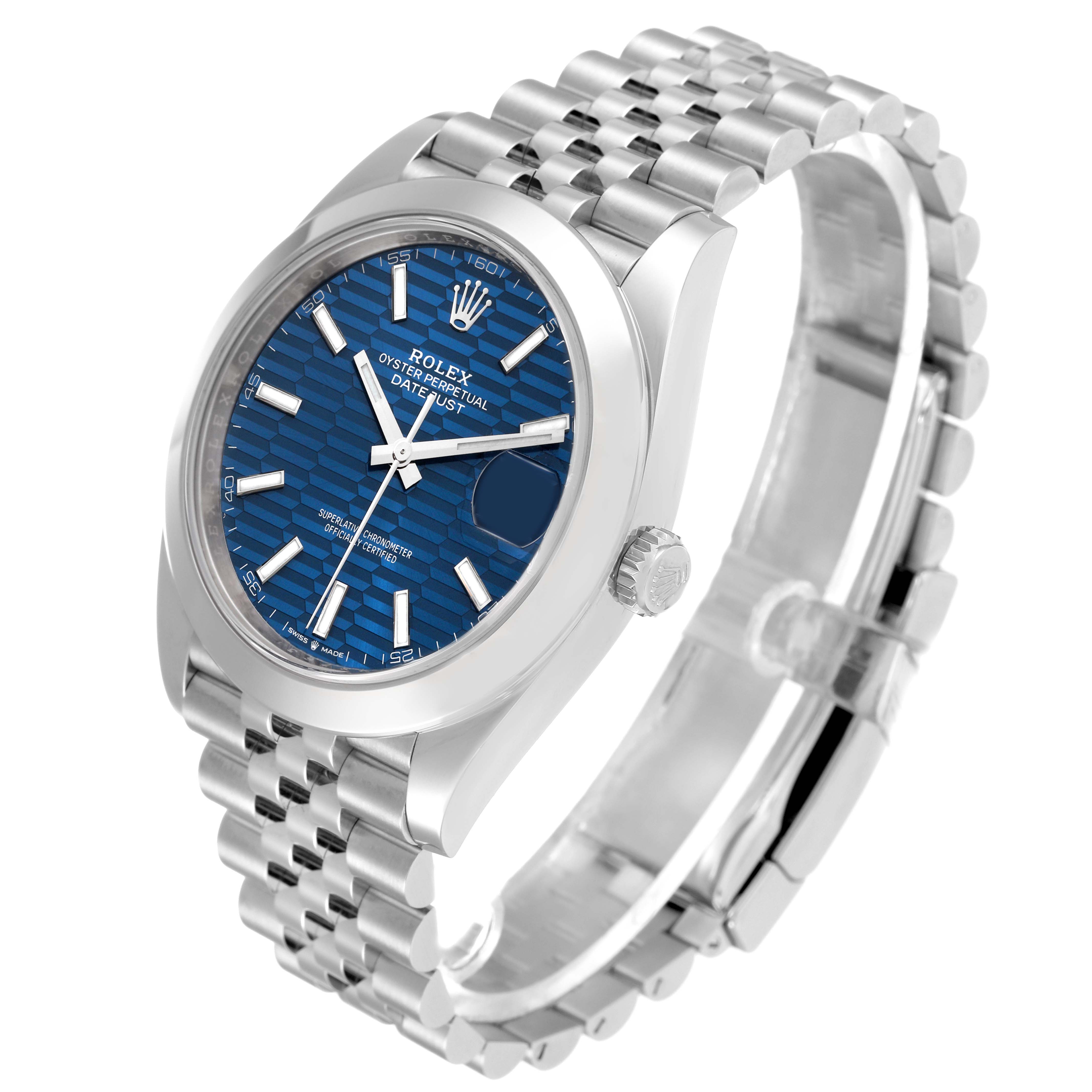 This image shows a Rolex Datejust 41 126300 Men
s Stainless Steel Blue Dial 126300 Men
s Stainless Steel Blue Dial model from an oblique angle, highlighting the watch face, crown, and bracelet.