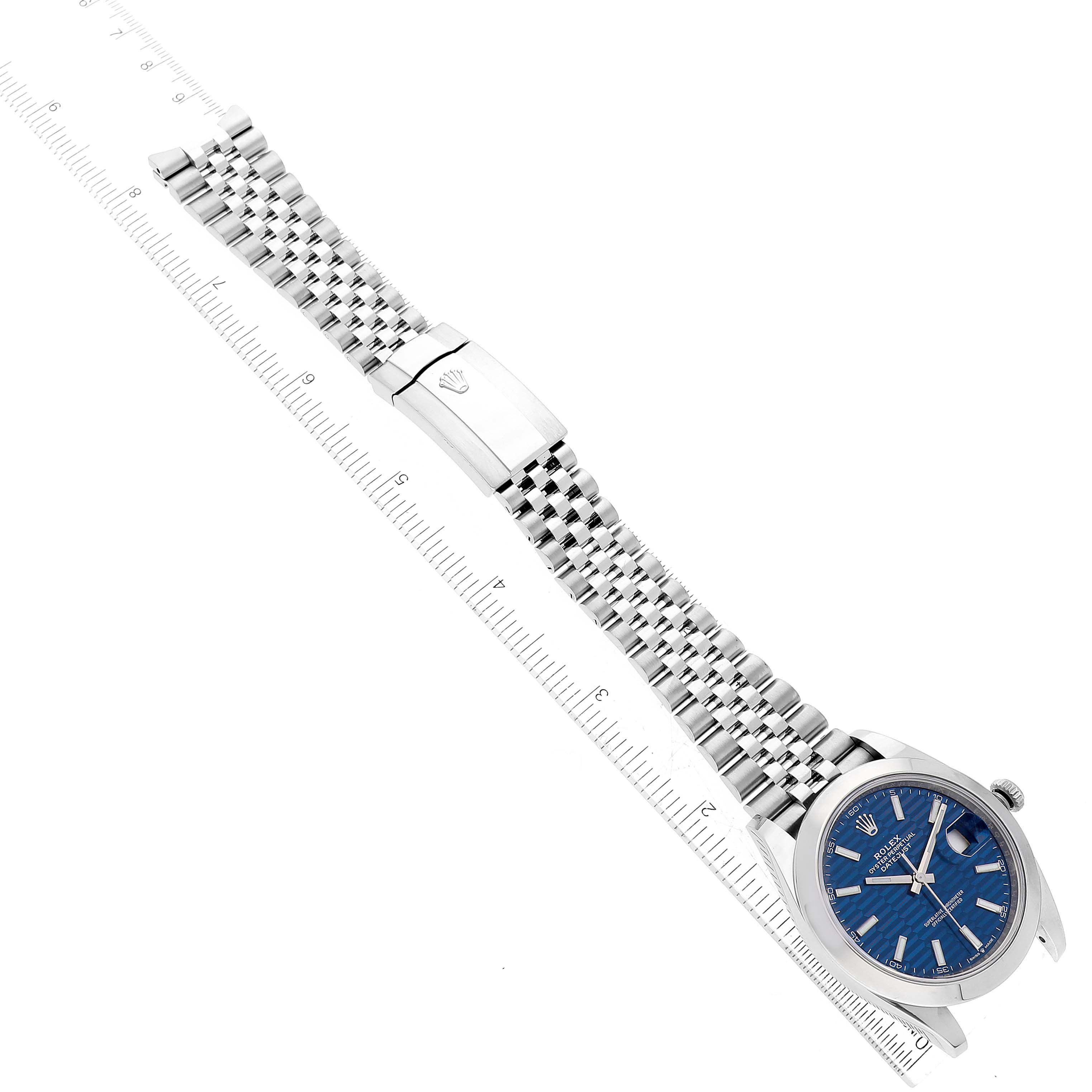 The Rolex Datejust 41 126300 Men
s Stainless Steel Blue Dial 126300 Men
s Stainless Steel Blue Dial watch is shown from a top-down angle, highlighting its dial, bracelet, and clasp.