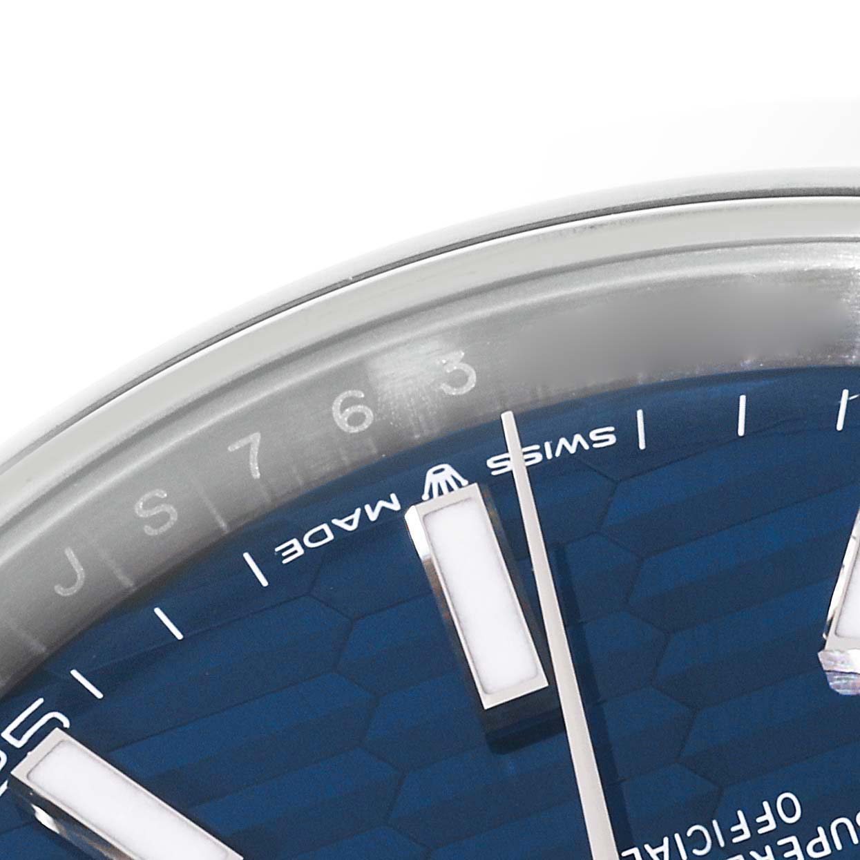 The image shows a close-up of the dial and part of the bezel of a Rolex Datejust 41 126300 Men
s Stainless Steel Blue Dial 126300 Men
s Stainless Steel Blue Dial watch.