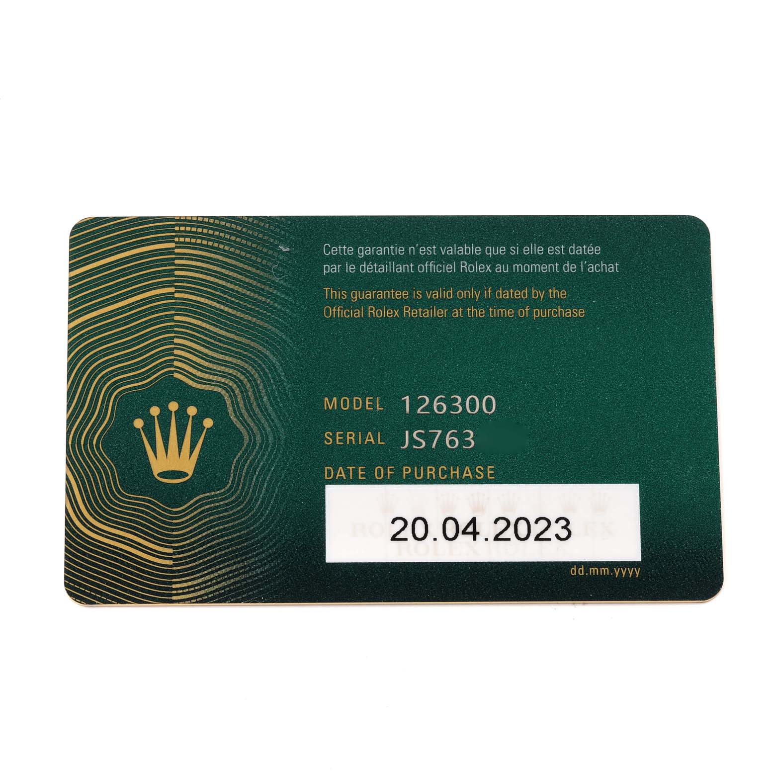 This is an image of a warranty card for the Rolex Datejust 41 126300 Men
s Stainless Steel Blue Dial 126300 Men
s Stainless Steel Blue Dial model, displaying serial number and purchase date details.