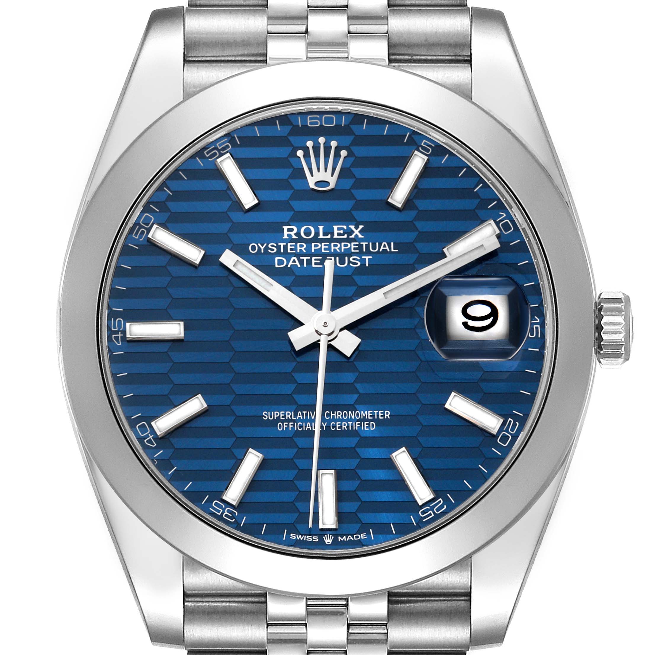 This image shows a frontal view of the Rolex Datejust 41 126300 Men
s Stainless Steel Blue Dial 126300 Men
s Stainless Steel Blue Dial watch, showcasing its blue dial, silver hands, and date window at 3 o
clock.