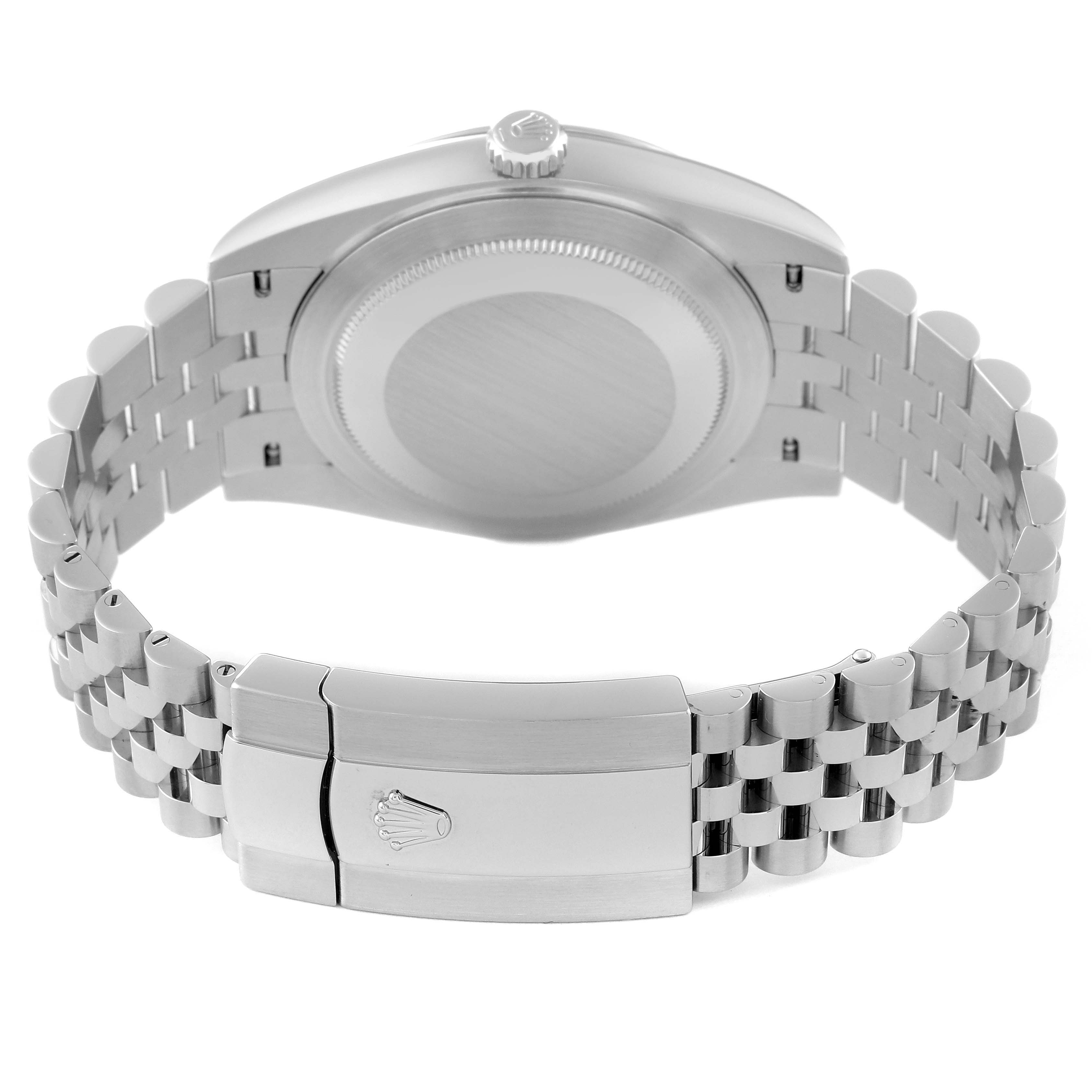 The image shows the back view of the Rolex Datejust 41 126300 Men
s Stainless Steel Grey Dial 126300 Men
s Stainless Steel Grey Dial, focusing on the case back, crown, and bracelet with the clasp.