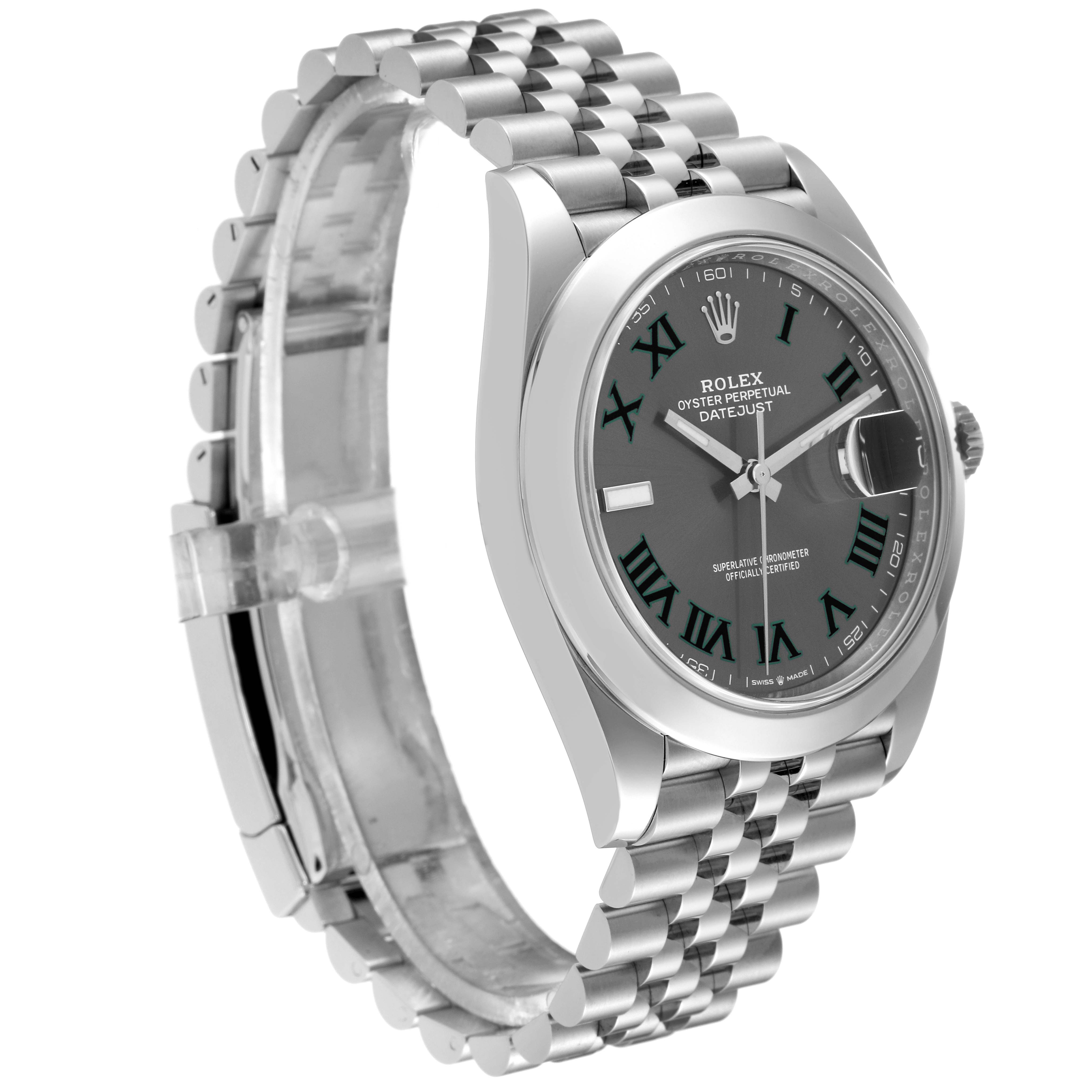 This Rolex Datejust 41 126300 Men
s Stainless Steel Grey Dial 126300 Men
s Stainless Steel Grey Dial watch is shown at a slight side angle, displaying its face and metal bracelet.