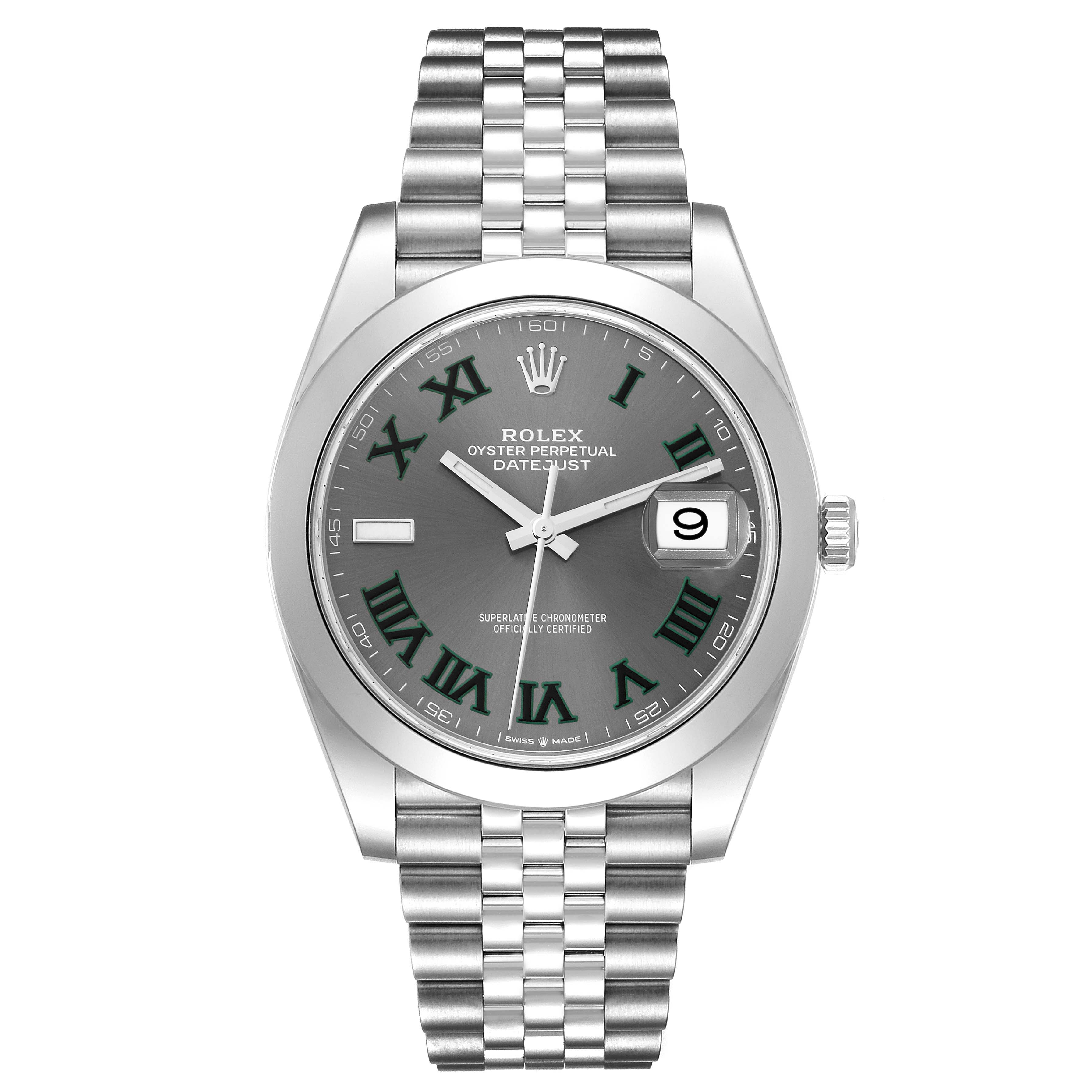 The image shows a front view of a Rolex Datejust 41 126300 Men
s Stainless Steel Grey Dial 126300 Men
s Stainless Steel Grey Dial watch, displaying its dial, hands, date window, and stainless steel bracelet.