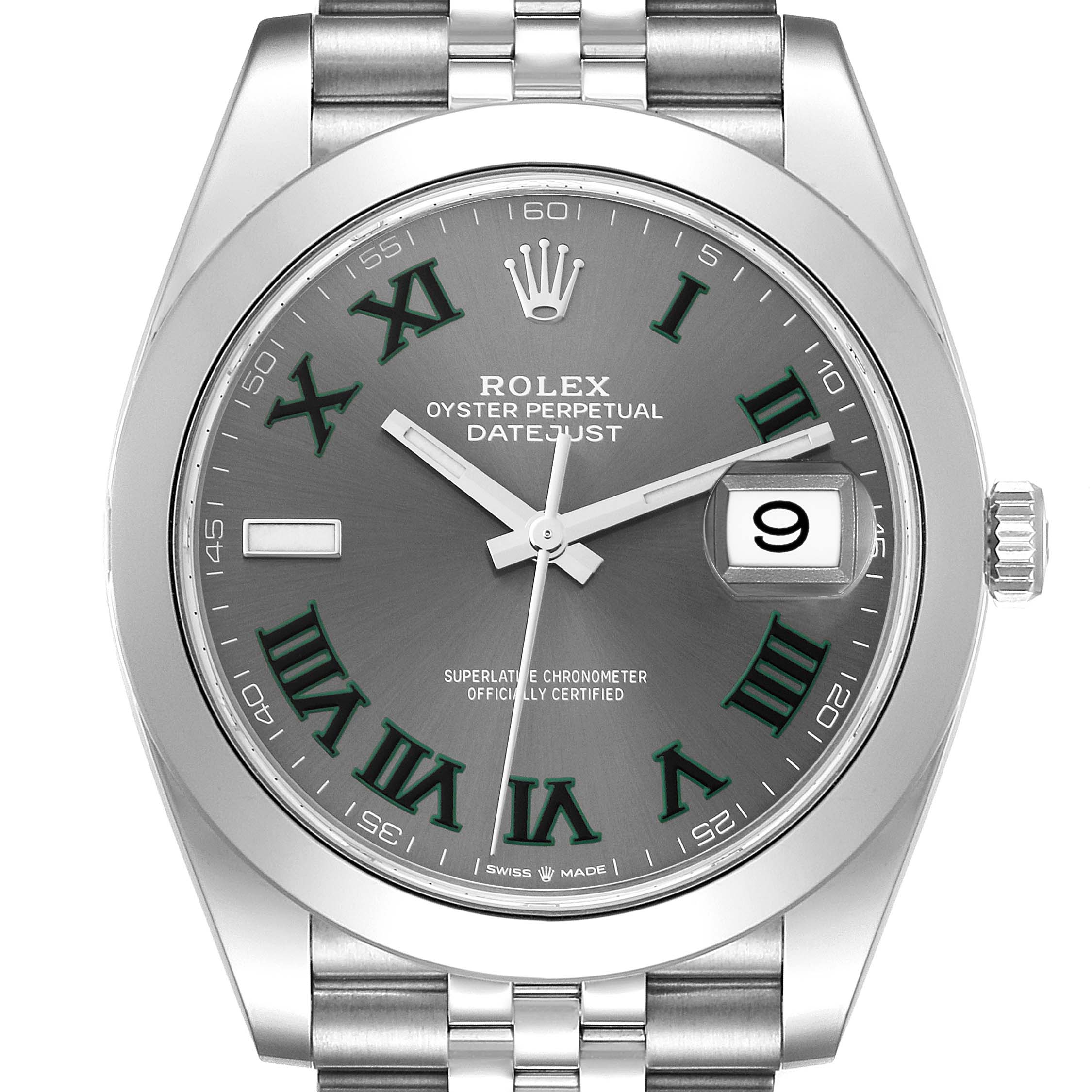 This image shows a face-on view of the Rolex Datejust 41 126300 Men
s Stainless Steel Grey Dial 126300 Men
s Stainless Steel Grey Dial watch, highlighting the dial, hands, crown, and part of the bracelet.