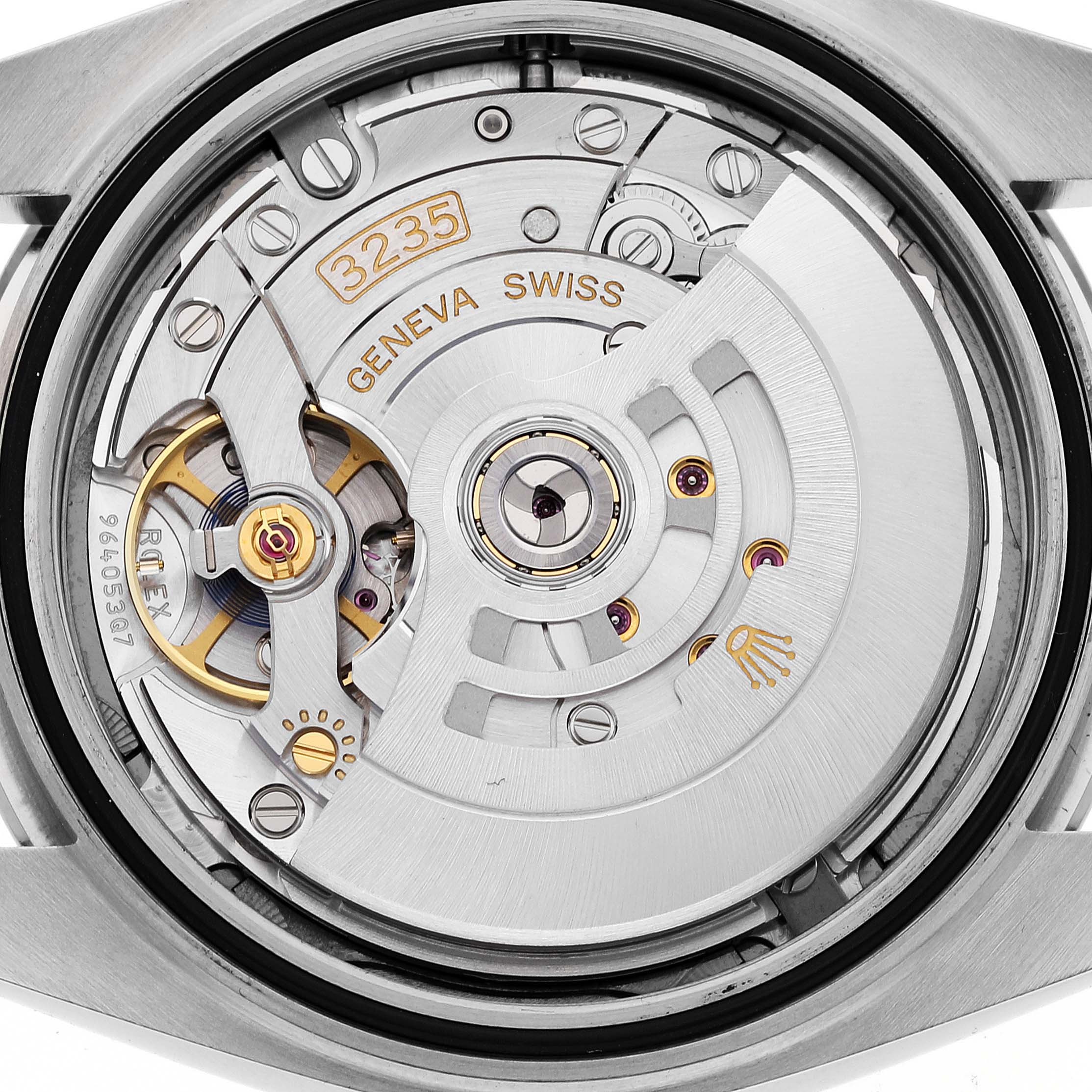 The image shows the movement mechanism of the Rolex Datejust 41 126300 Men
s Stainless Steel Grey Dial 126300 Men
s Stainless Steel Grey Dial, captured from the back of the watch.
