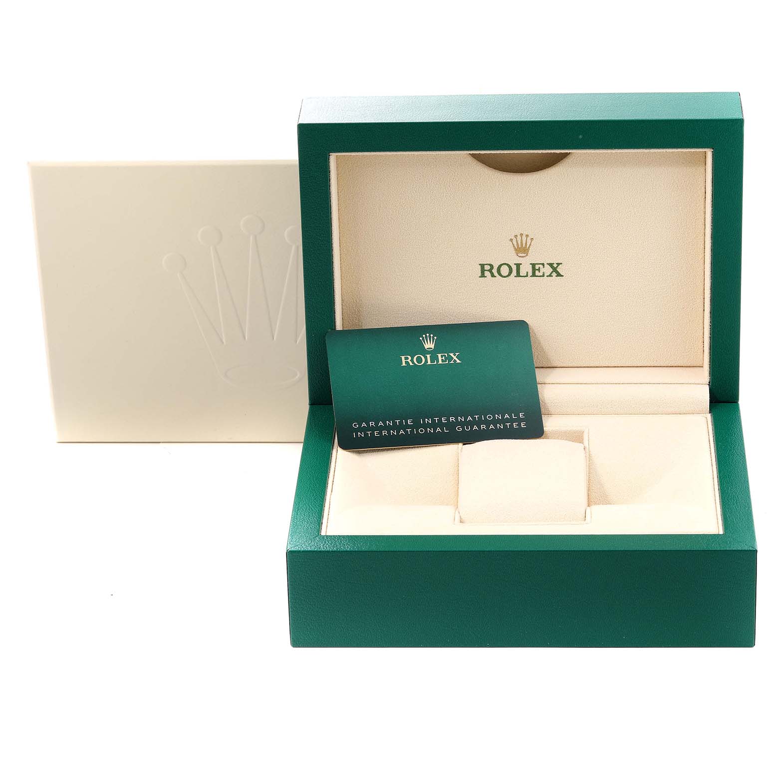This image shows the packaging for the Rolex Datejust 41 126300 Men
s Stainless Steel Grey Dial 126300 Men
s Stainless Steel Grey Dial, including the watch box, cushion, and international guarantee card.